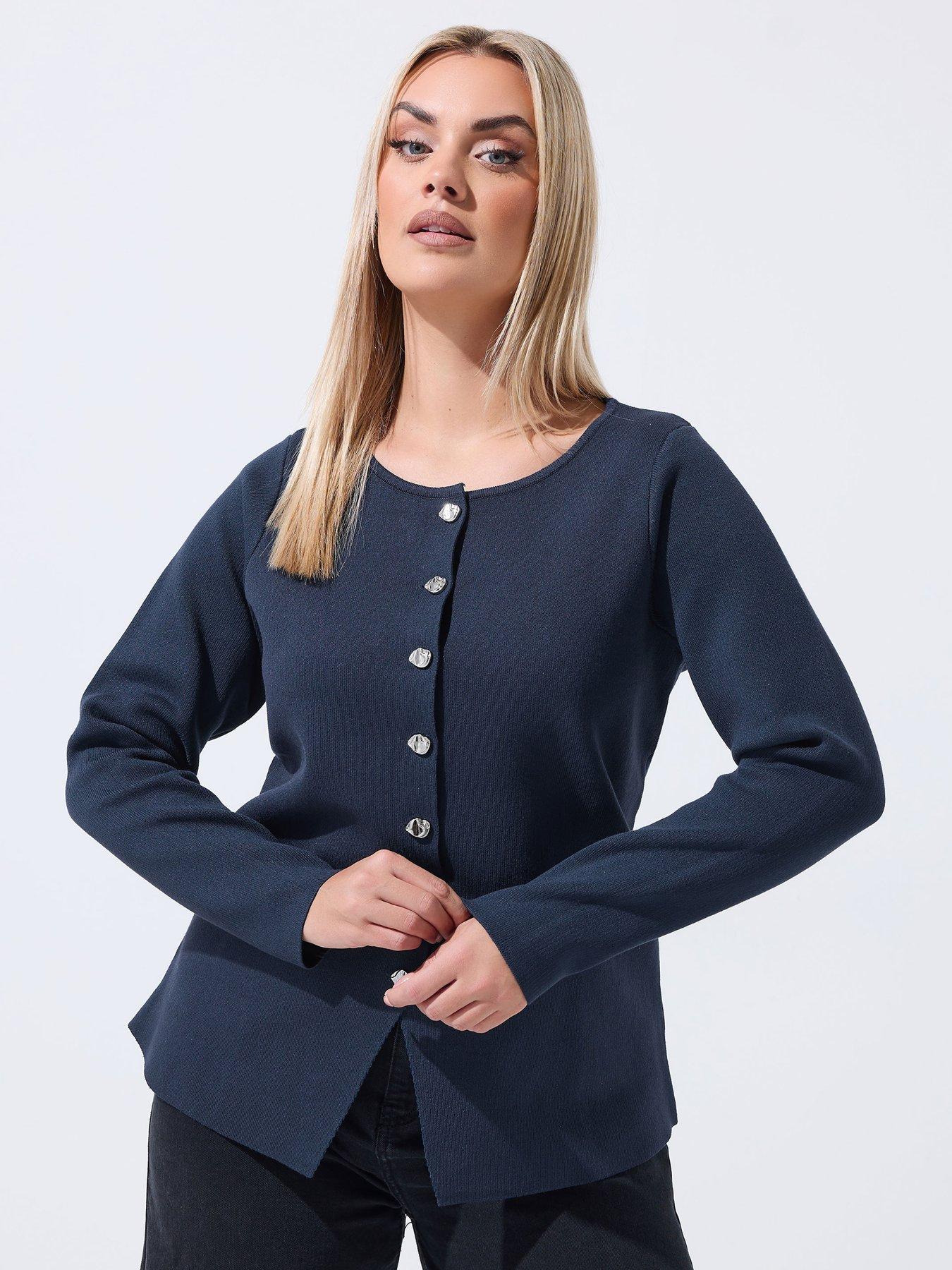Image 1 of 4 of Yours Curve Long Sleeve Button Knit Top - Blue