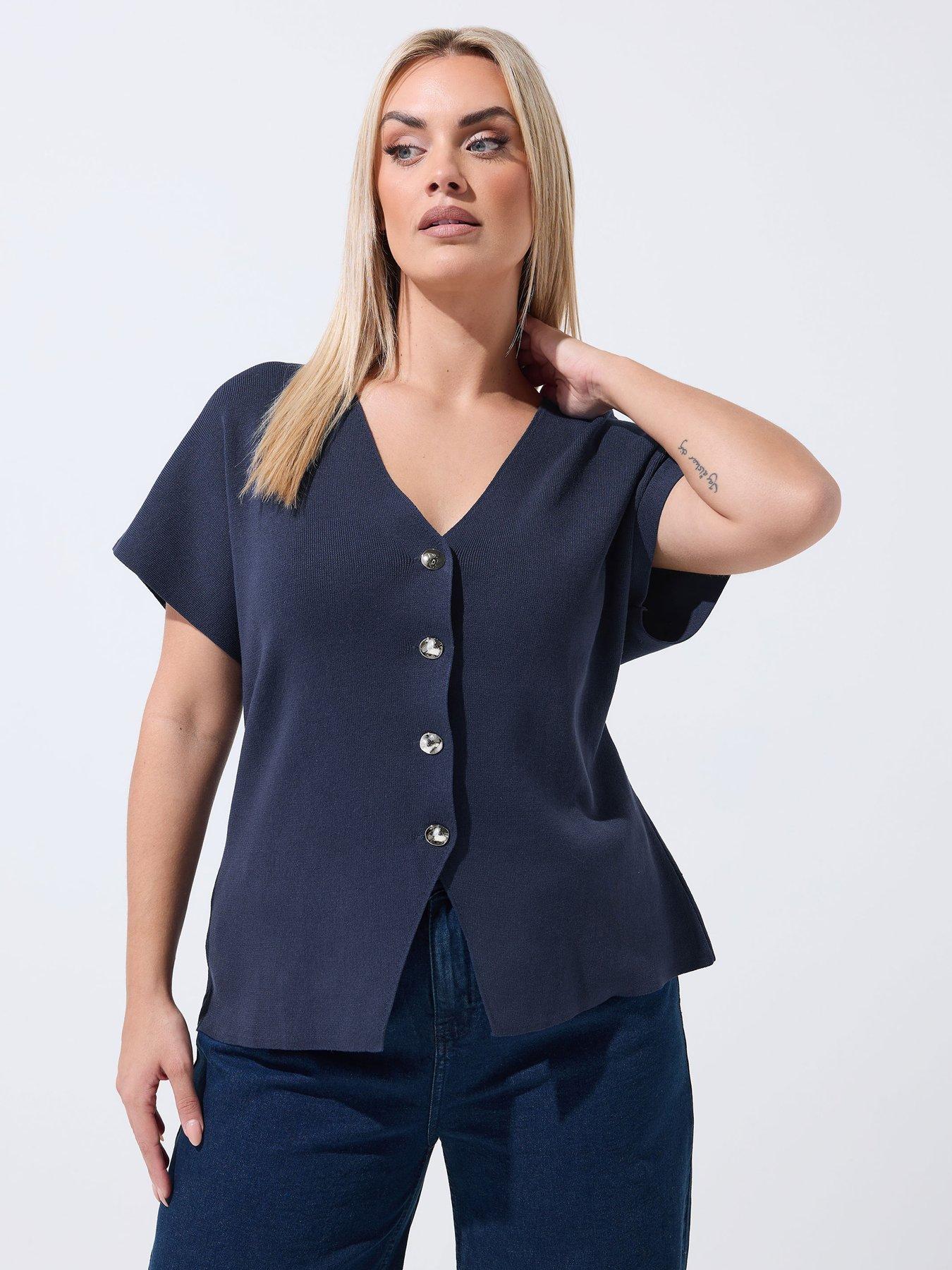 Image 1 of 5 of Yours Curve Short Sleeve Knitted Top - Blue