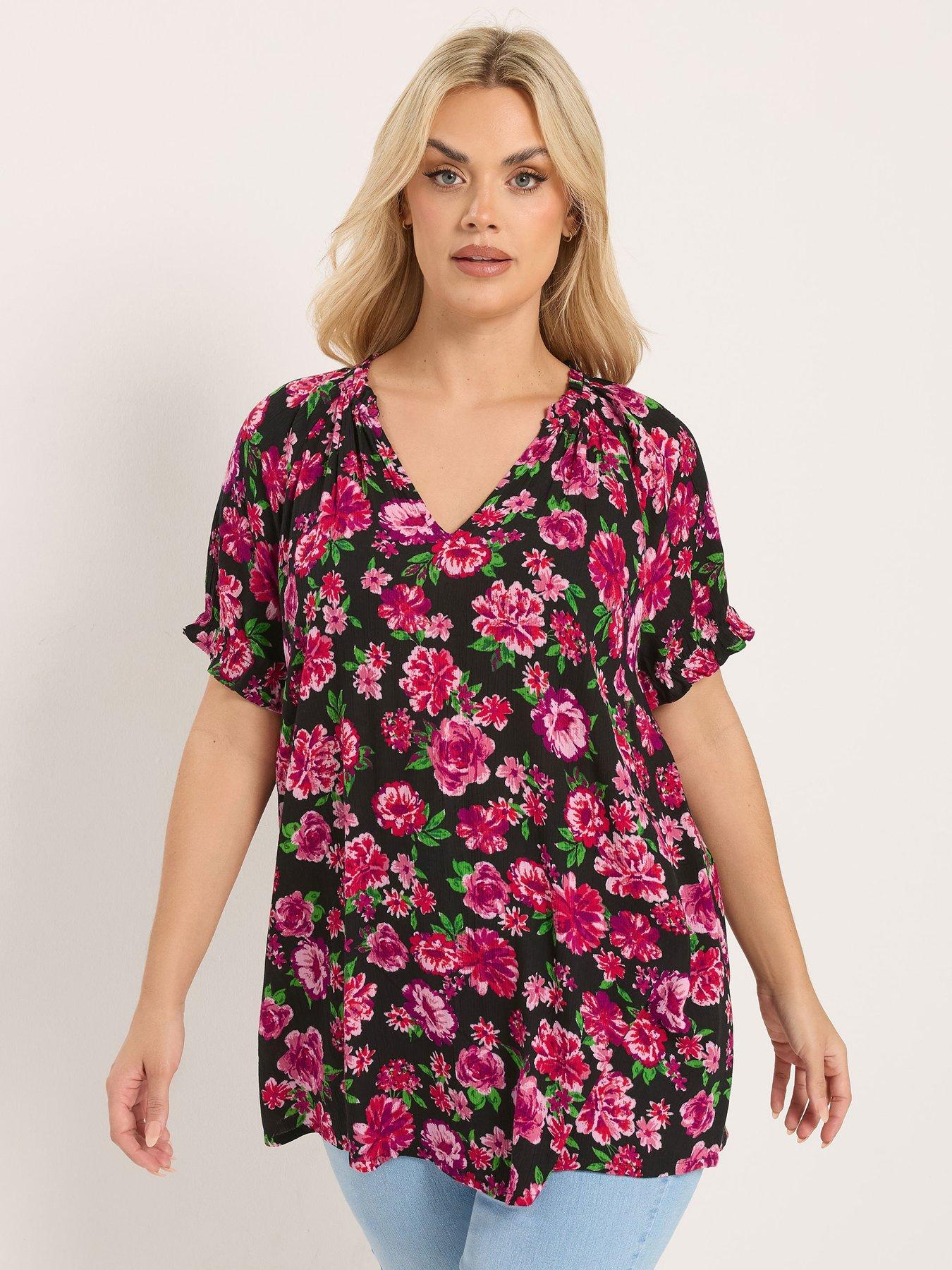 Yours Curve Gypsy Crinkle Notchneck Top - Pink