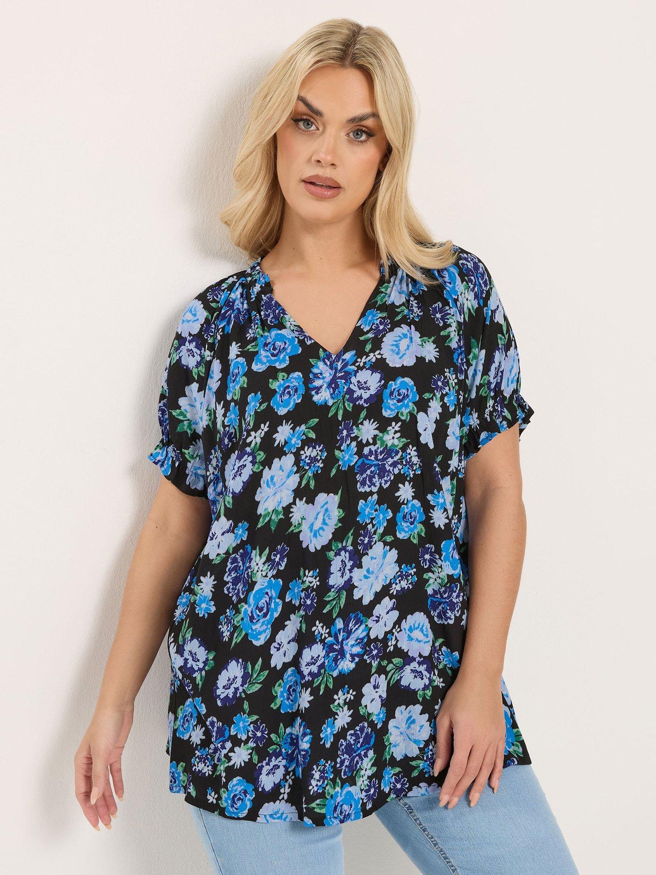 Yours Curve Gypsy Crinkle Notch Neck Top - Blue