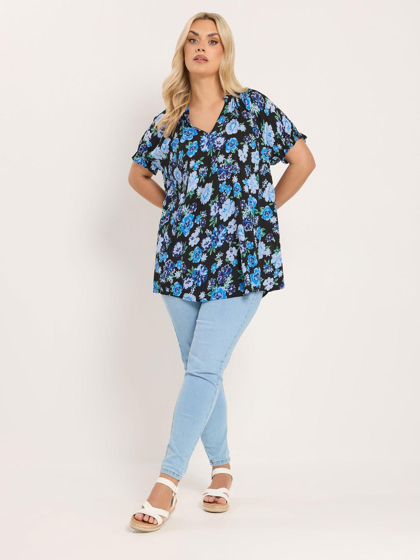 Image 3 of 4 of Yours Curve Gypsy Crinkle Notch Neck Top - Blue