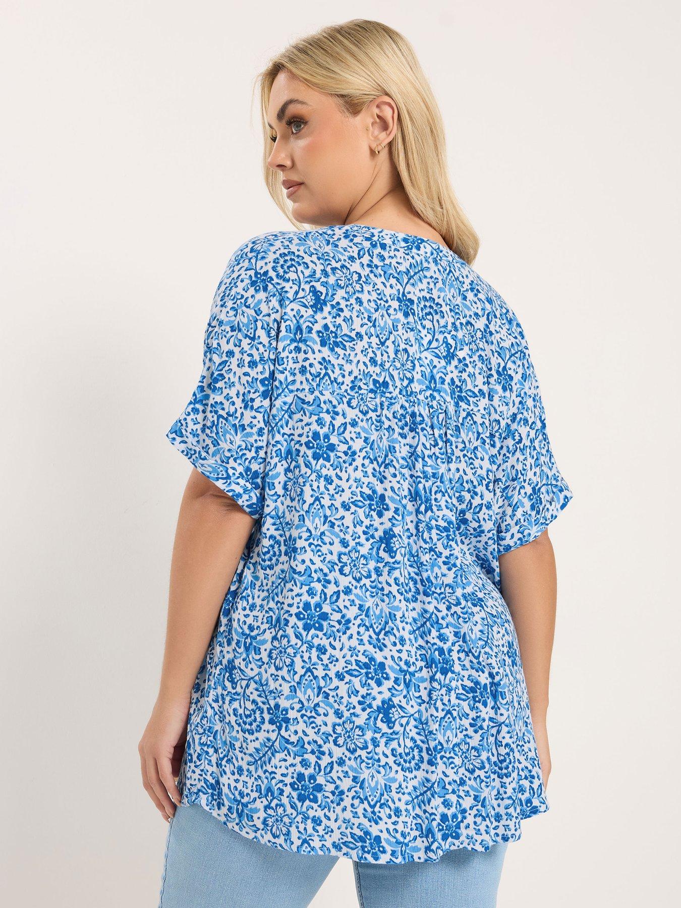 Image 2 of 5 of Yours Curve Gypsy Printed Crinkle Notch Neck Top - Blue