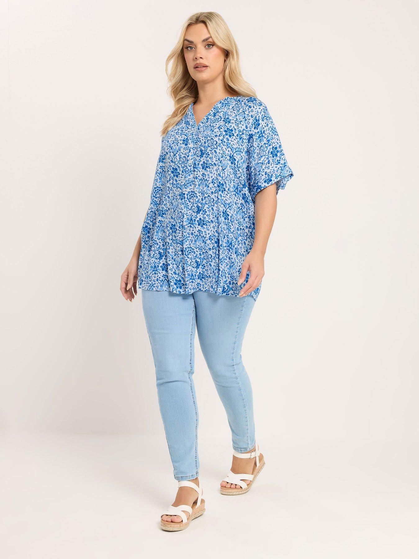 Image 3 of 5 of Yours Curve Gypsy Printed Crinkle Notch Neck Top - Blue