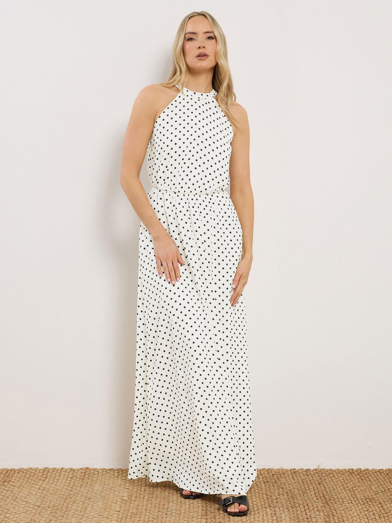 Long Tall Sally Spot Print Satin Halter Dress - White
