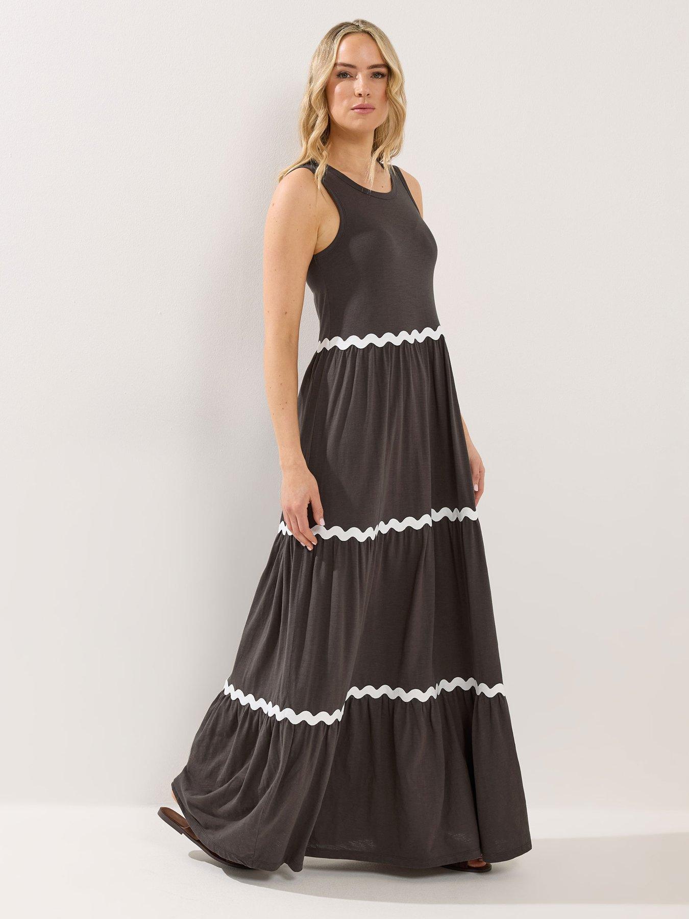 Image 1 of 5 of Long Tall Sally Contrast Trim Tiered Dress - Brown