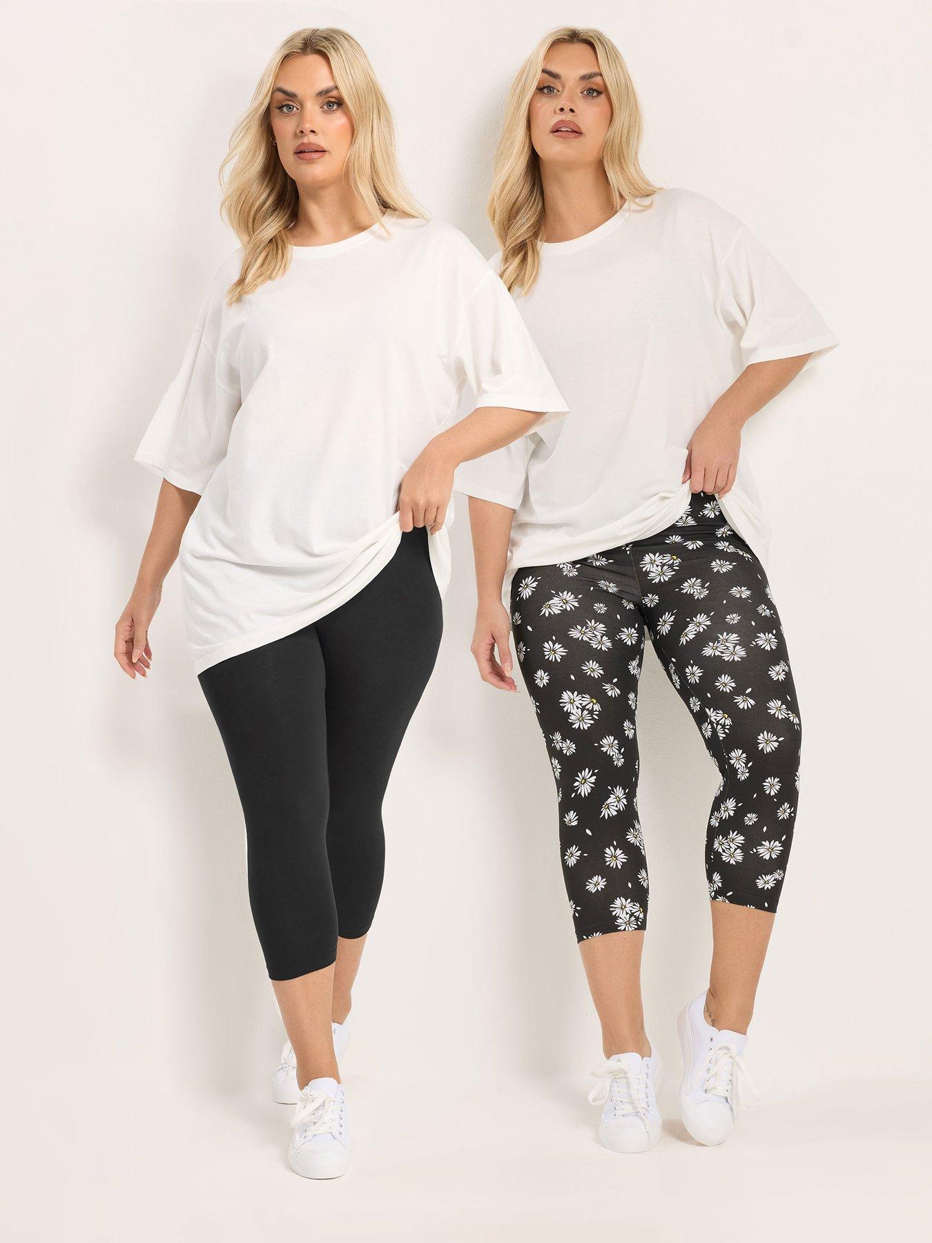 Yours Curve 2 Pack Daisy Print Cropped Leggings - Black