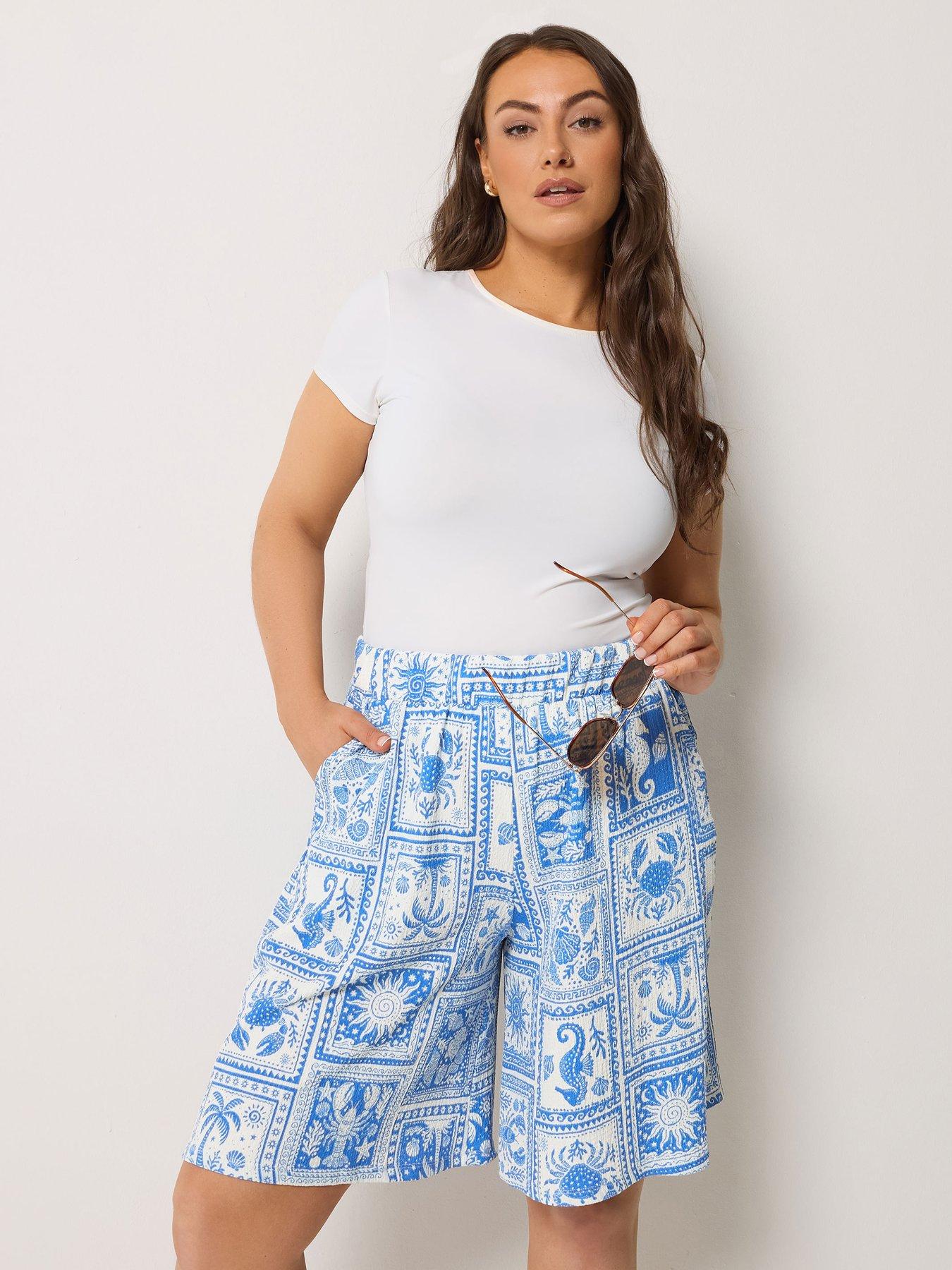 Yours Curve Jersey Crinkle Shorts - Blue