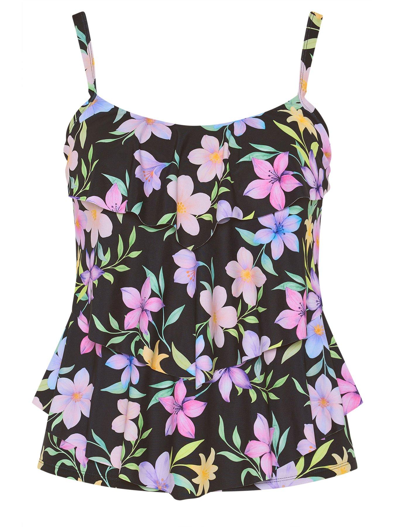Image 6 of 6 of Yours Curve Floral Frill Tankini - Black