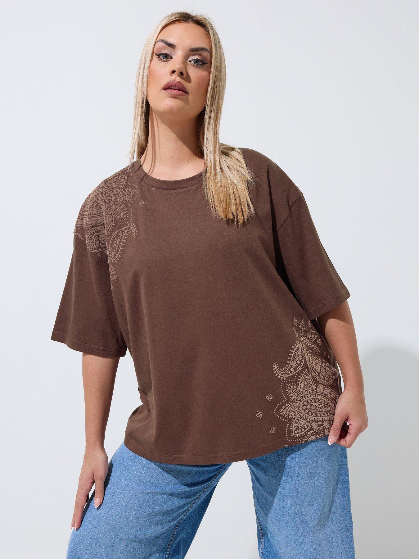 Yours Curve Floral Print T-Shirt - Brown