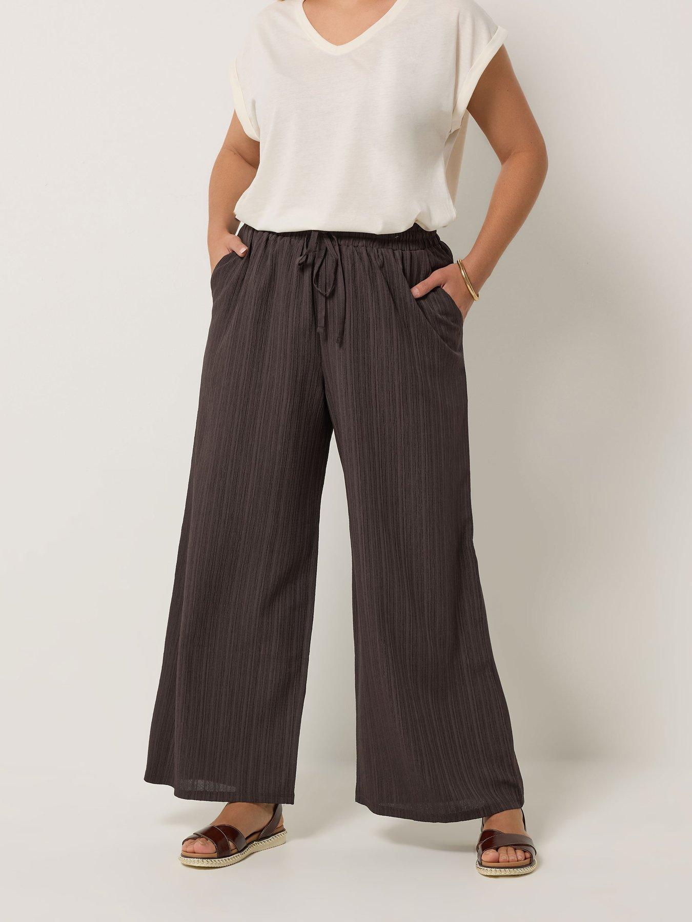 Image 1 of 5 of Yours Curve Textured Woven Wide Leg Trousers 30" - Brown