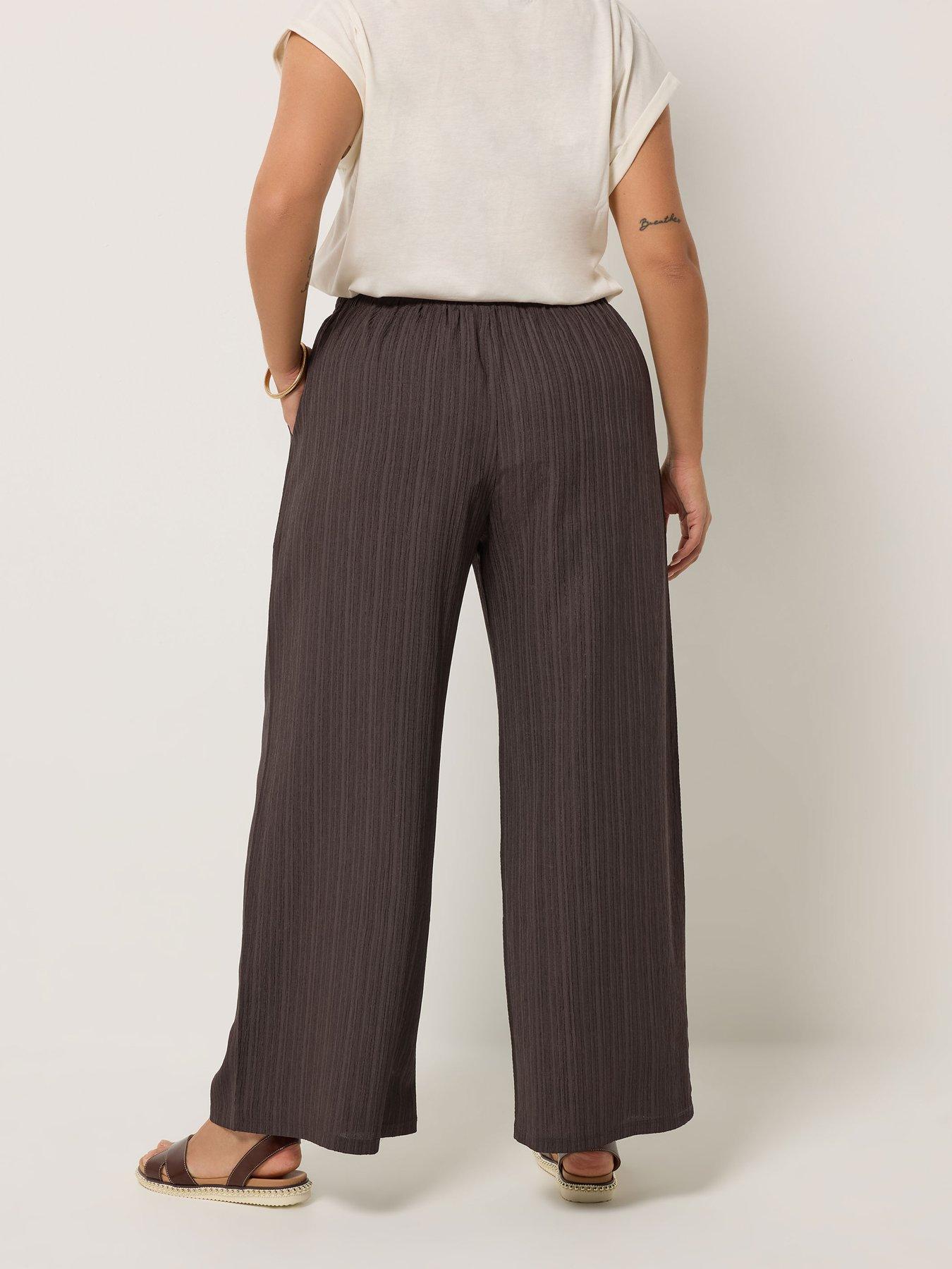 Image 2 of 5 of Yours Curve Textured Woven Wide Leg Trousers 30" - Brown