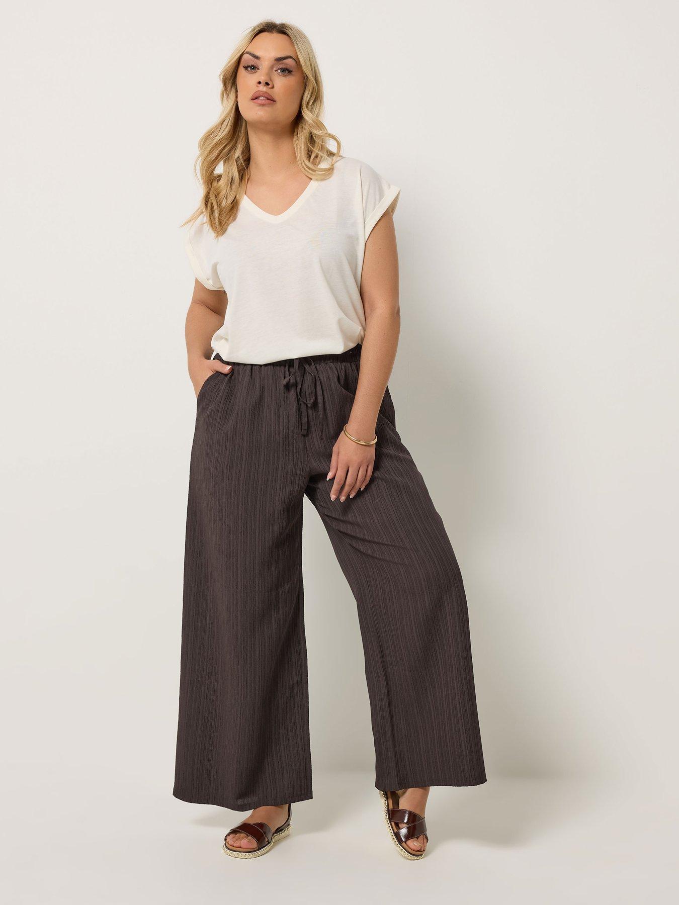 Image 3 of 5 of Yours Curve Textured Woven Wide Leg Trousers 30" - Brown