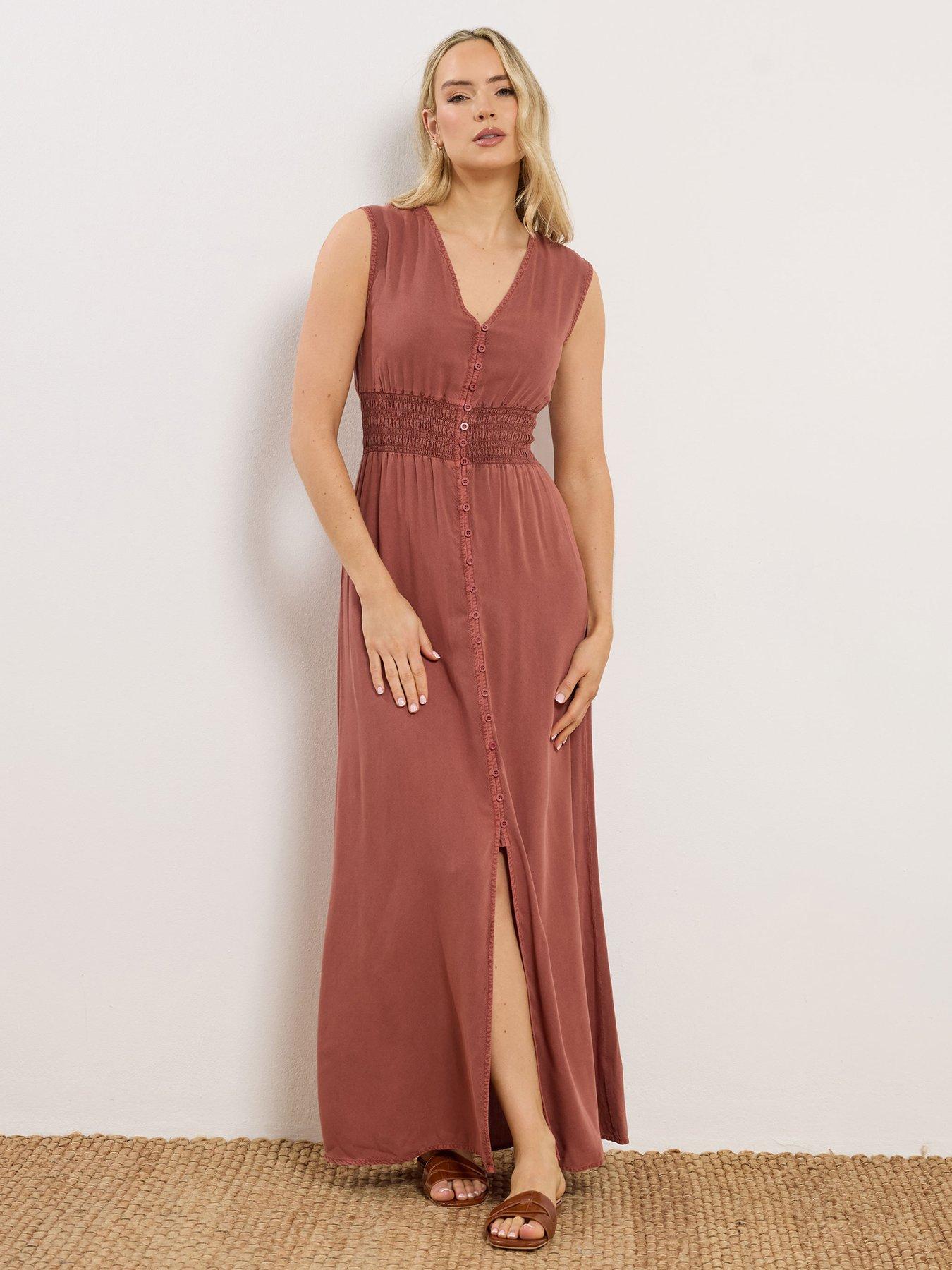 Long Tall Sally Acid Wash Shirred Waist Dress - Brown