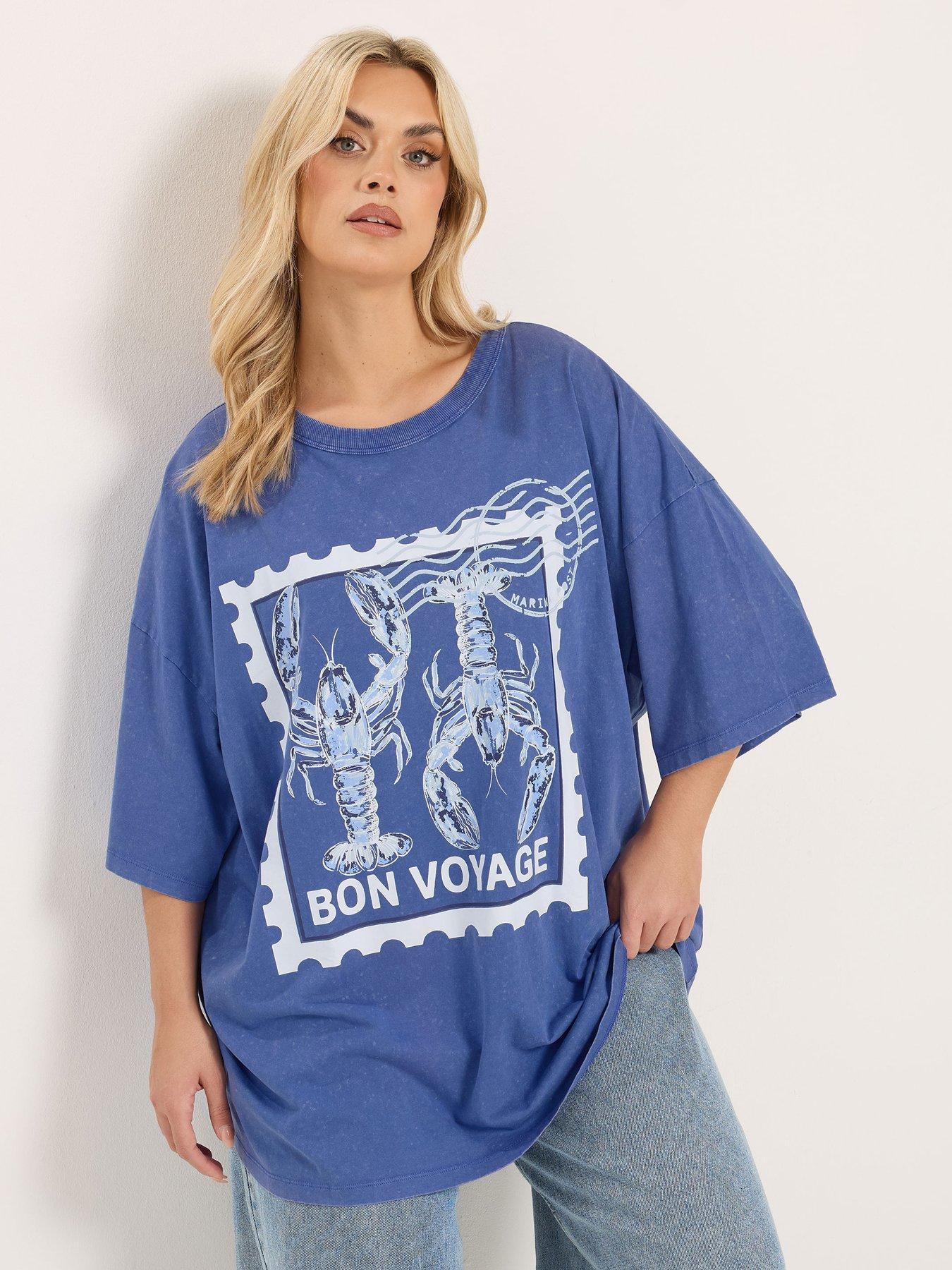 Yours Curve Placement Boxy T-Shirt - Blue