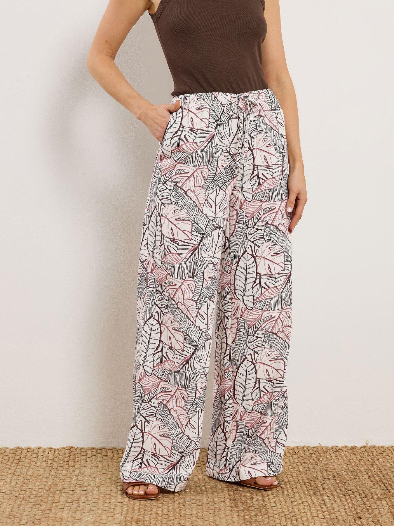 Long Tall Sally Palm Print Linen Look Trousers 36" - Cream