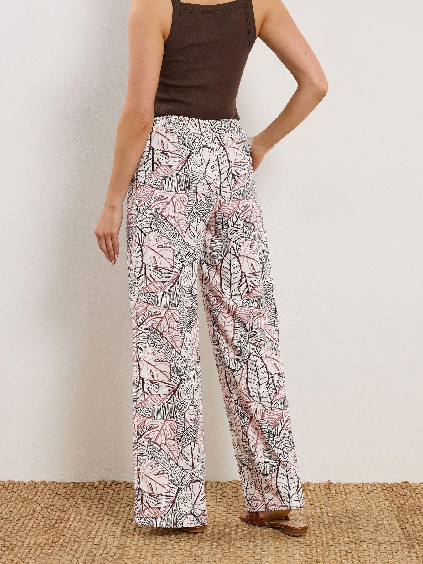 Image 2 of 5 of Long Tall Sally Palm Print Linen Look Trousers 36" - Cream