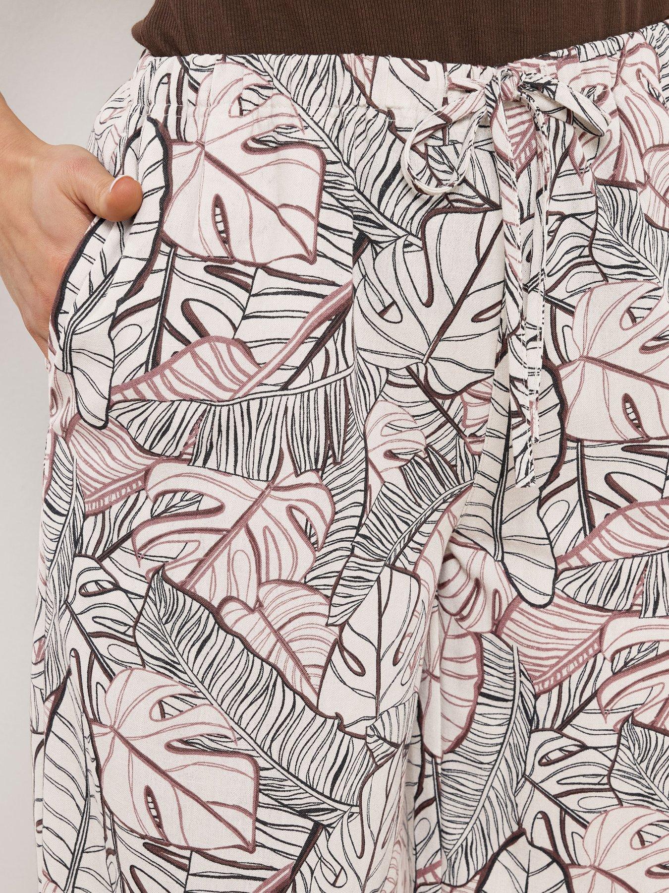 Image 4 of 5 of Long Tall Sally Palm Print Linen Look Trousers 36" - Cream