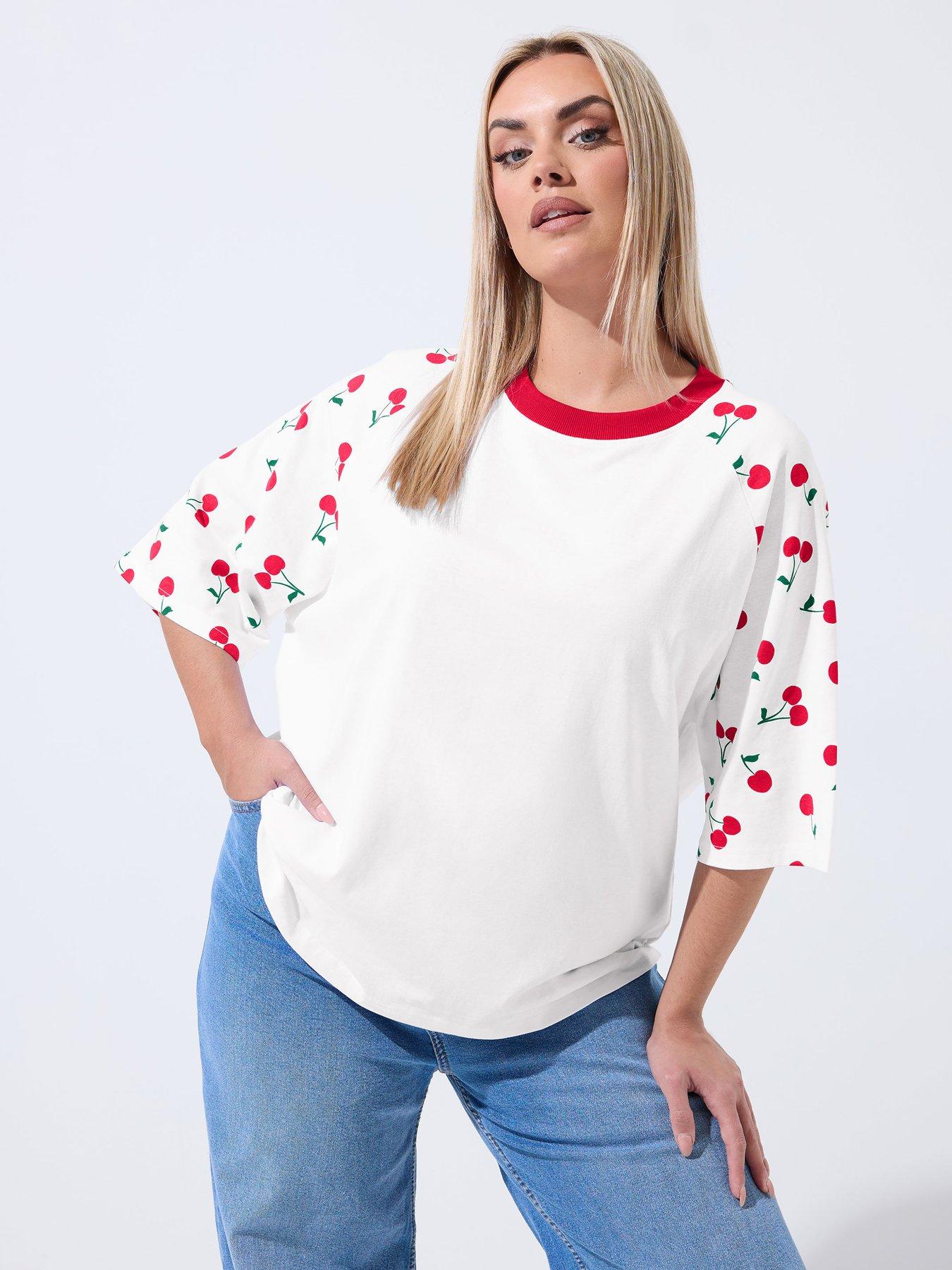 front image of yours-curve-cherry-print-raglan-t-shirt