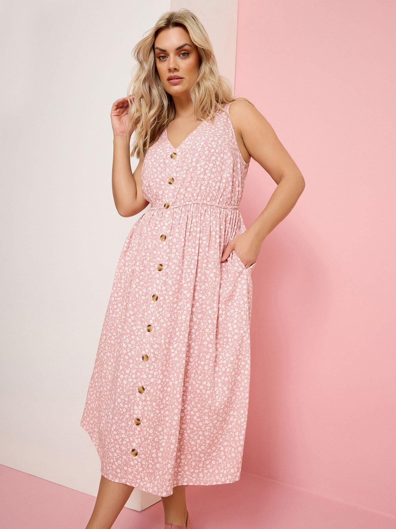 Image 1 of 6 of Yours Curve Ditsy Print Button Through Sundress - Pink