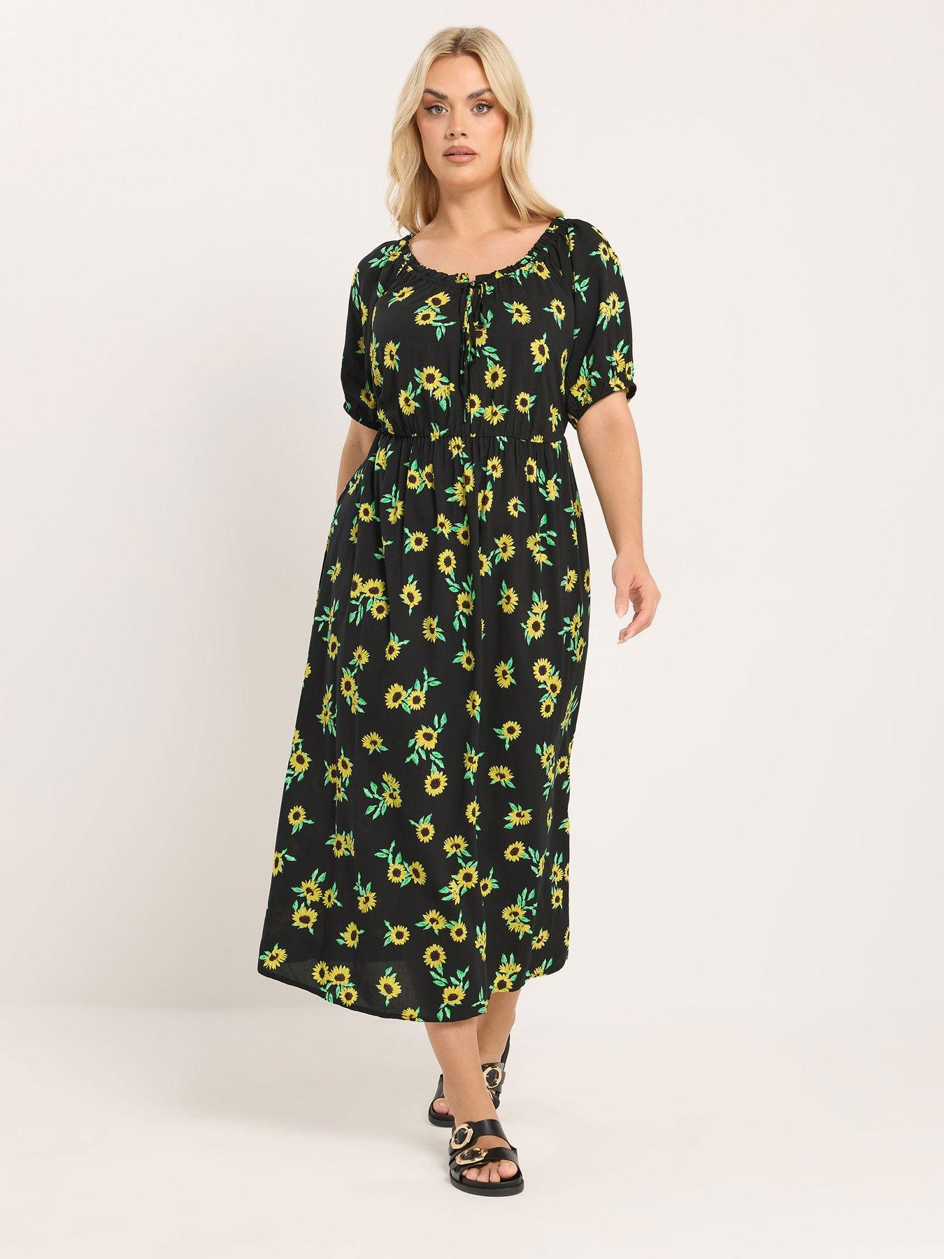 Yours Curve Sunflower Print Gypsy Midaxi Dress - Black