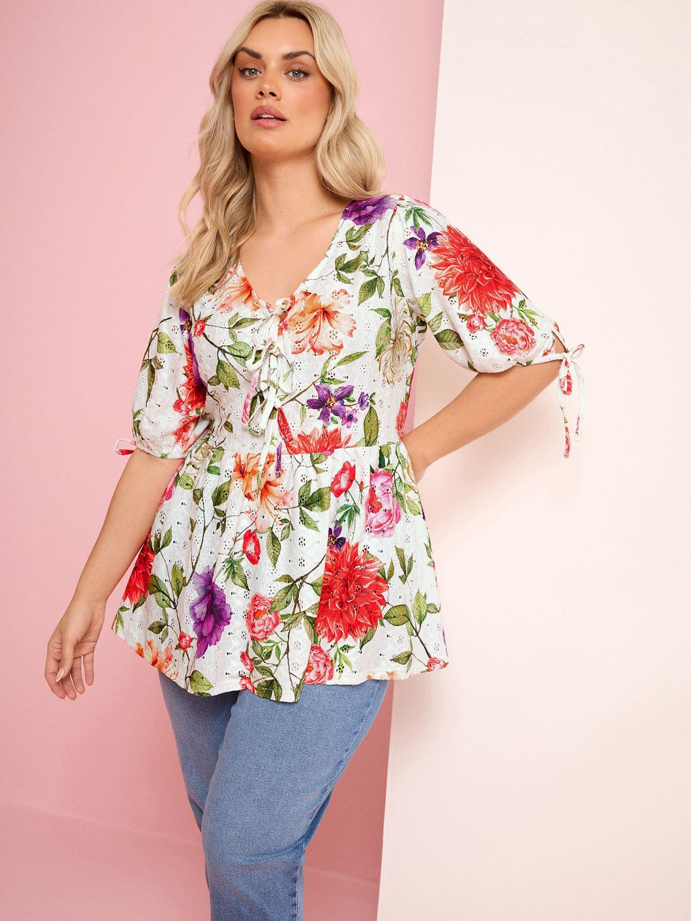 Yours Curve Tie Front Broderie Peplum Top
