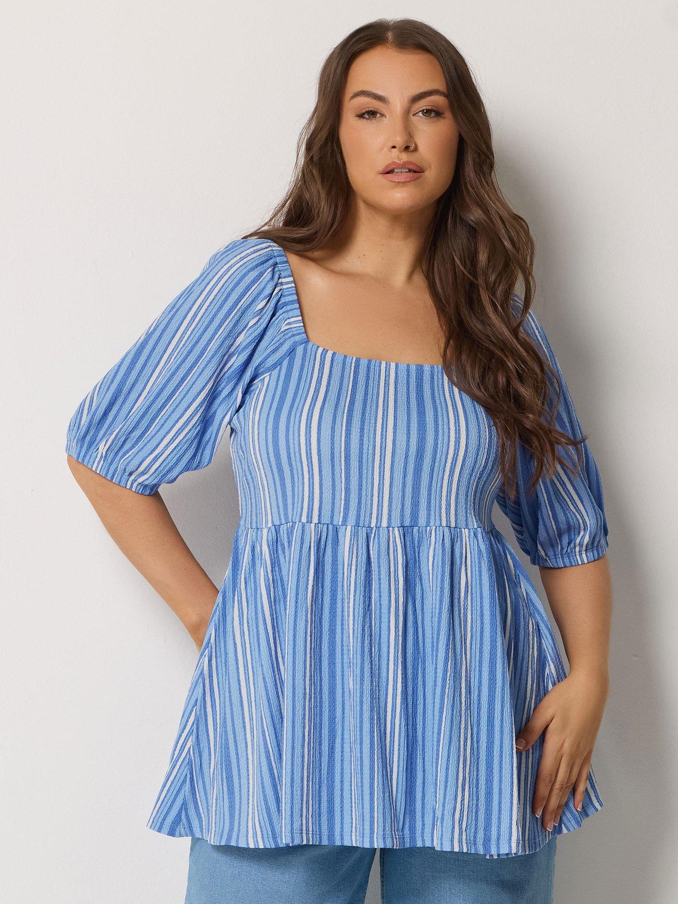 Yours Curve Square Neck Striped Peplum Top - Blue
