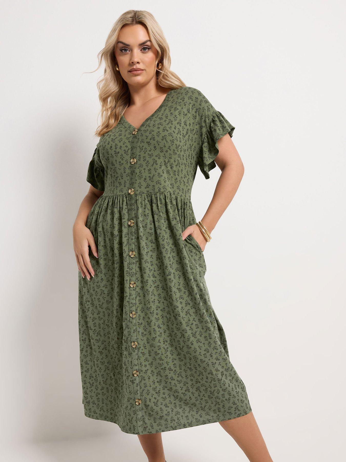 yours-curve-frill-sleeve-button-front-dress-green