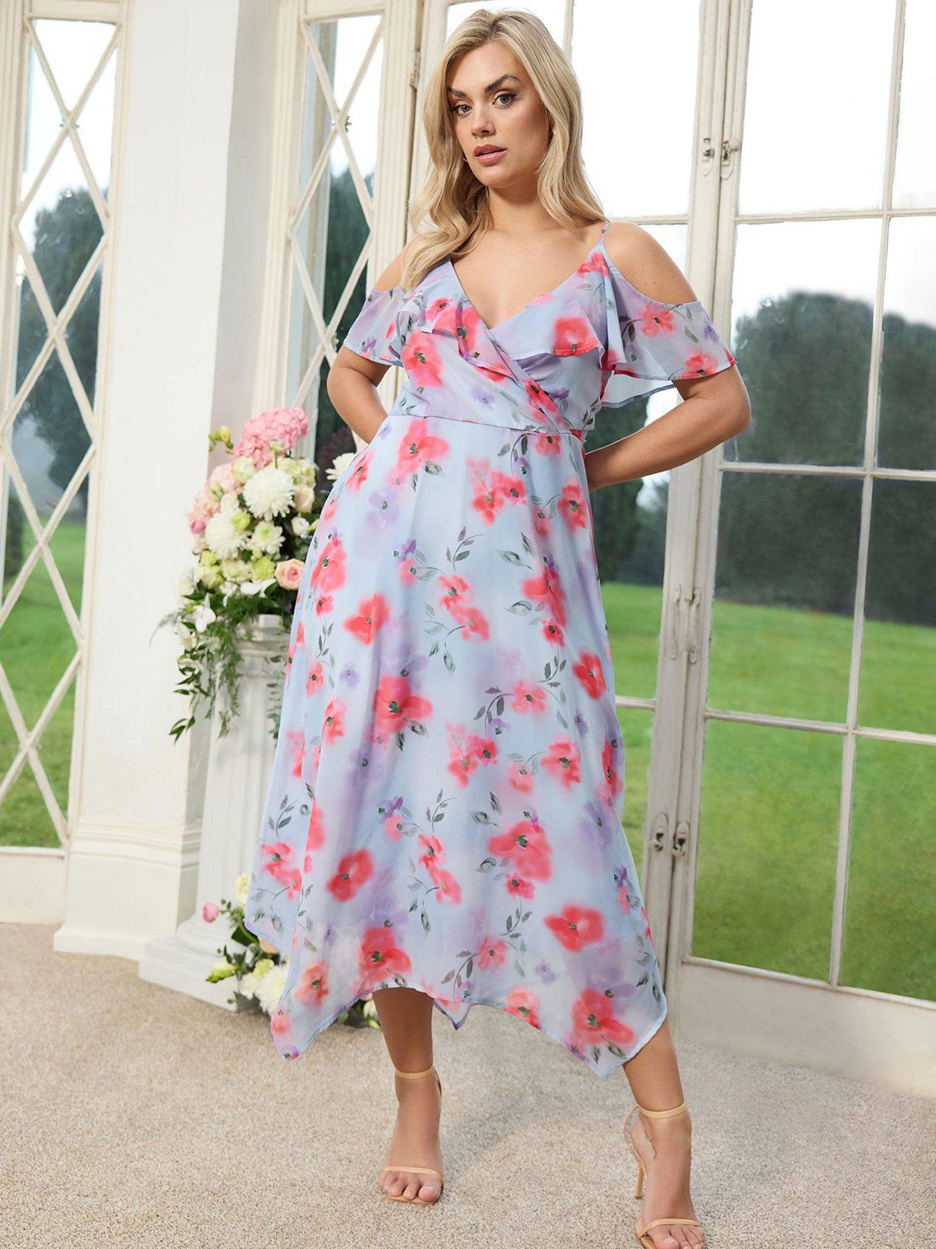 Yours Curve Floral Ruffle Hanky Hem Wrap Dress