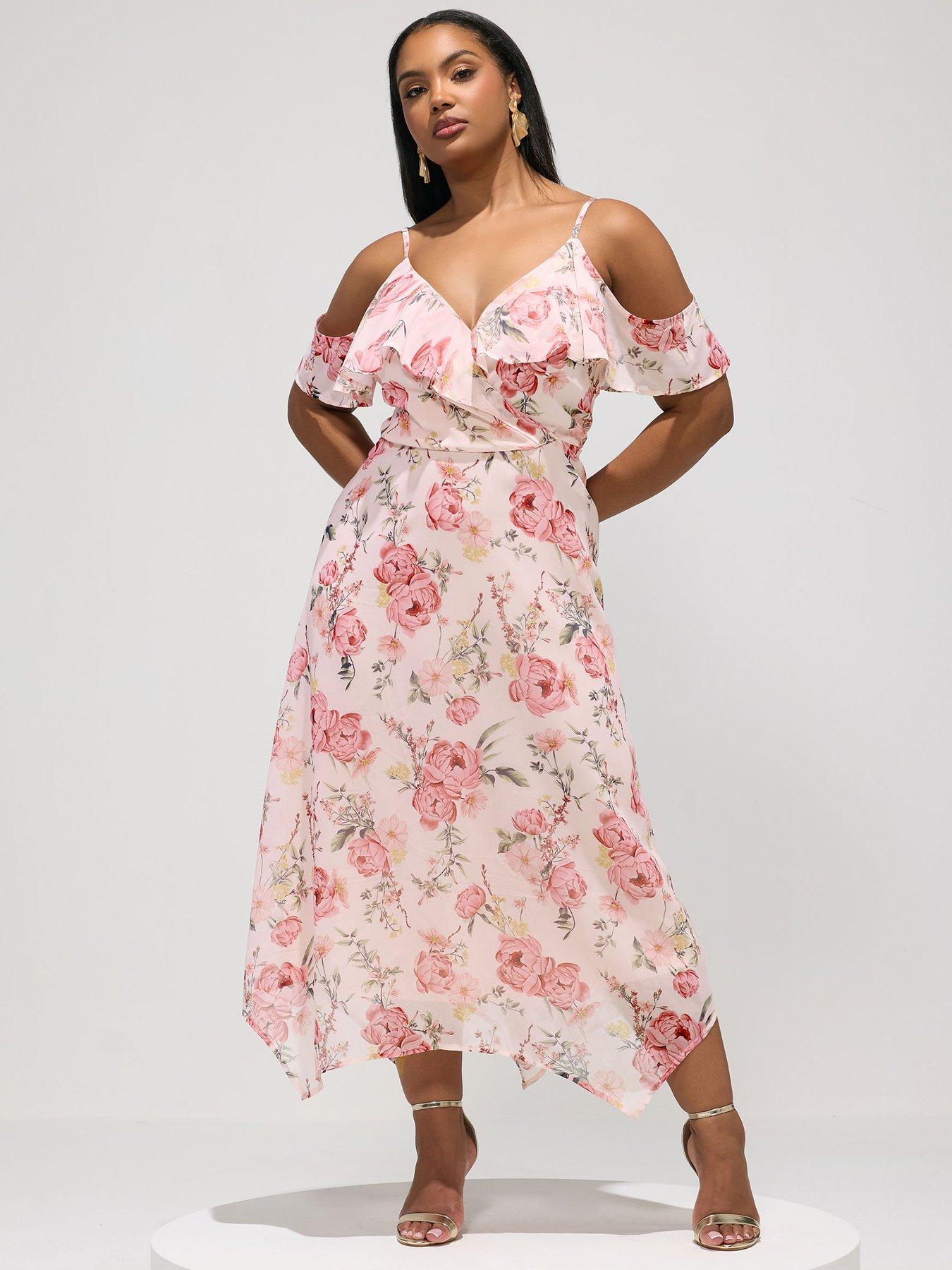 Yours Curve Floral Ruffle Hanky Hem Wrap Dress