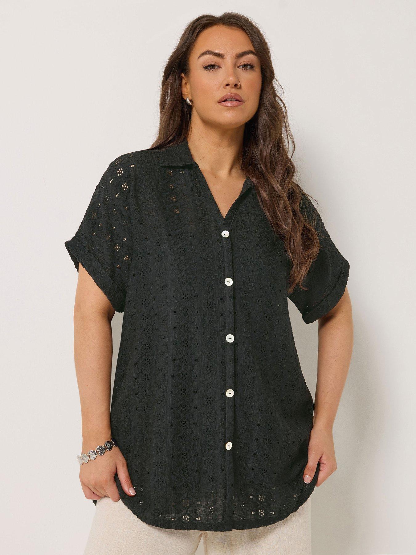 Yours Curve Broderie Grown On Shirt - Black