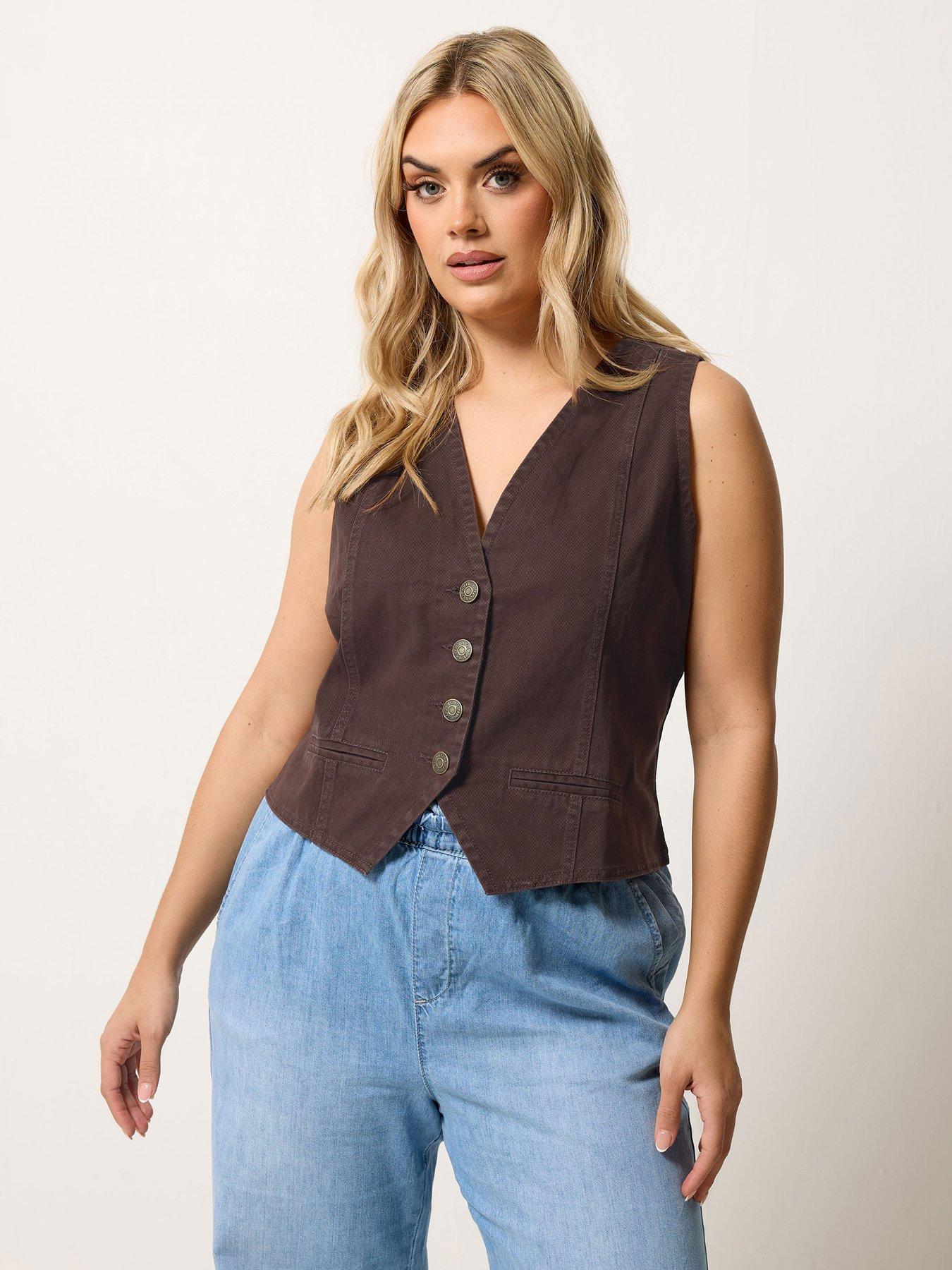 Image 1 of 5 of Yours Curve Denim Waistcoat - Brown