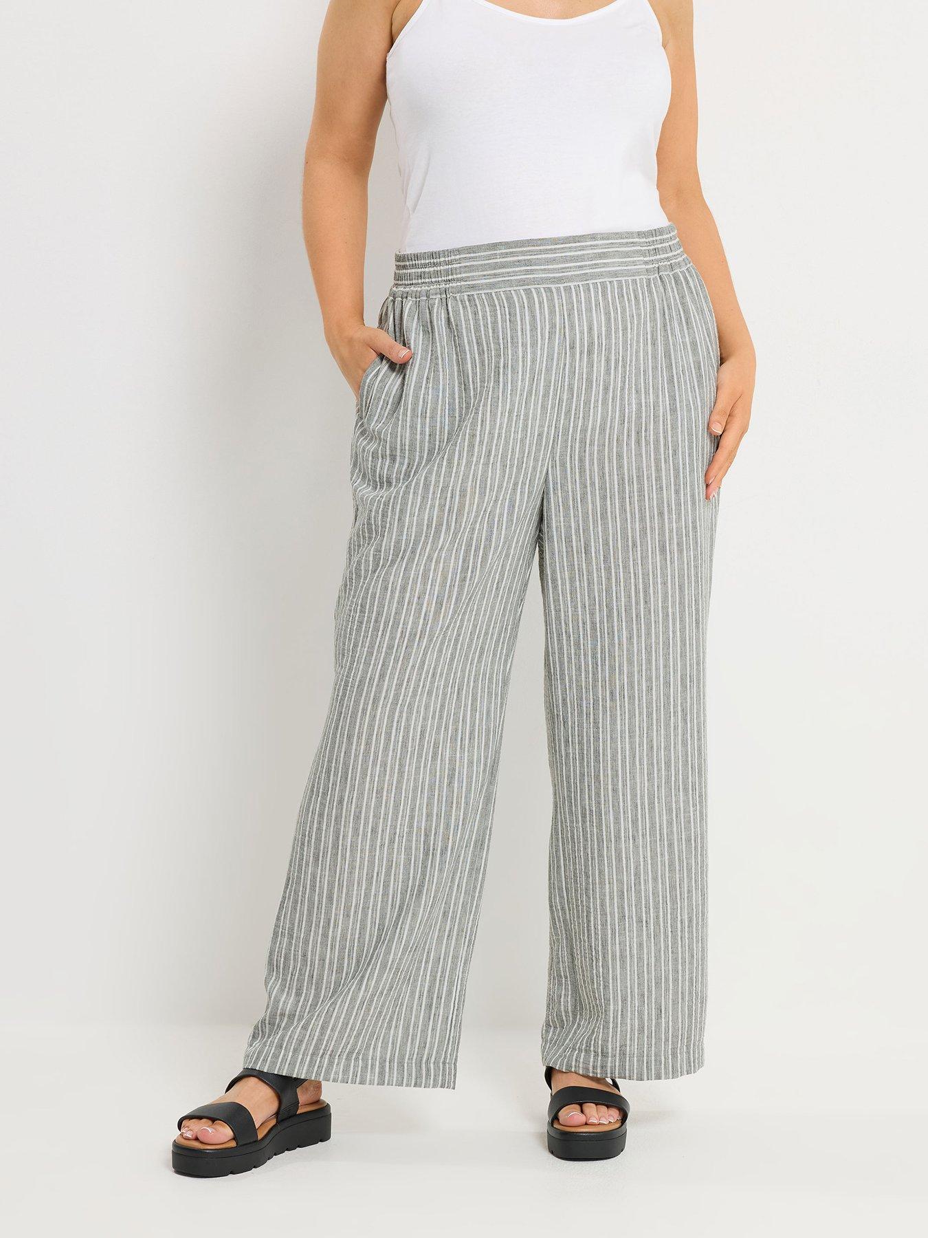 Yours Curve Linen Look Pull On Striped Wide Leg Trousers 30"