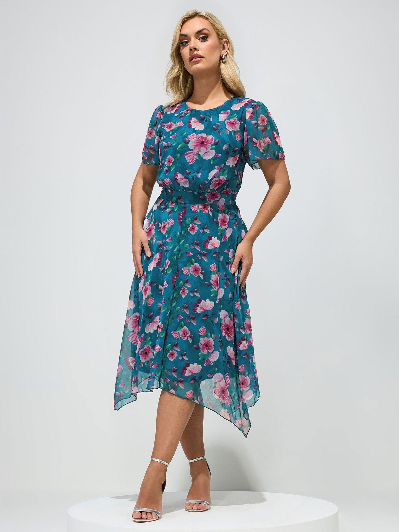 Yours Curve Floral Ruffle Sleeve Hanyk Hem Dress - Blue