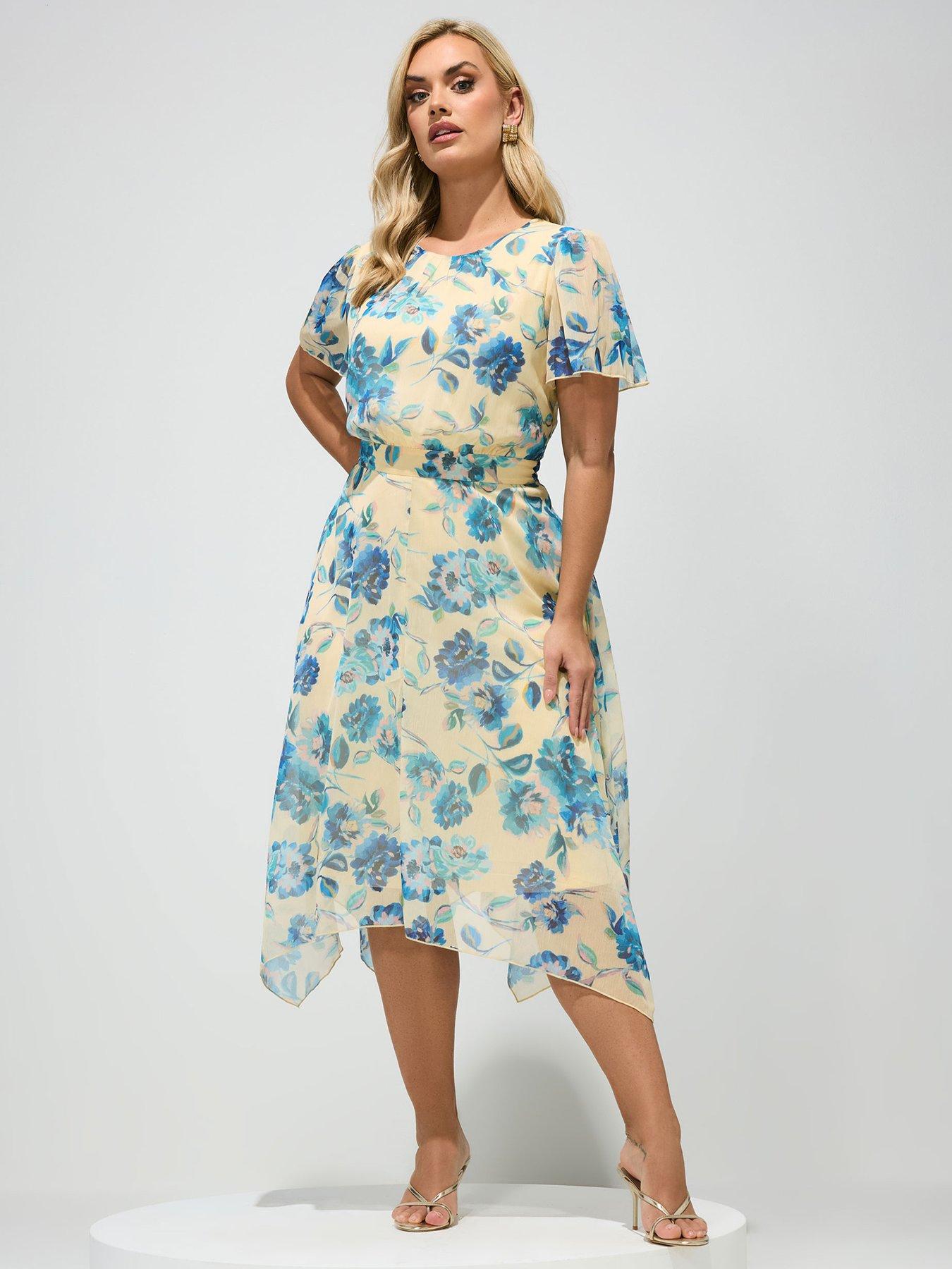 Yours Curve Floral Ruffle Sleeve Hank Hem Dress
