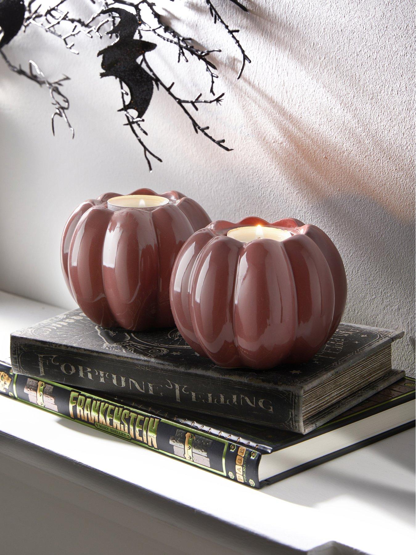 Image 1 of 5 of The Very Collection Set Of 2 Pumpkin Ceramic Tealight Candle Holder Red