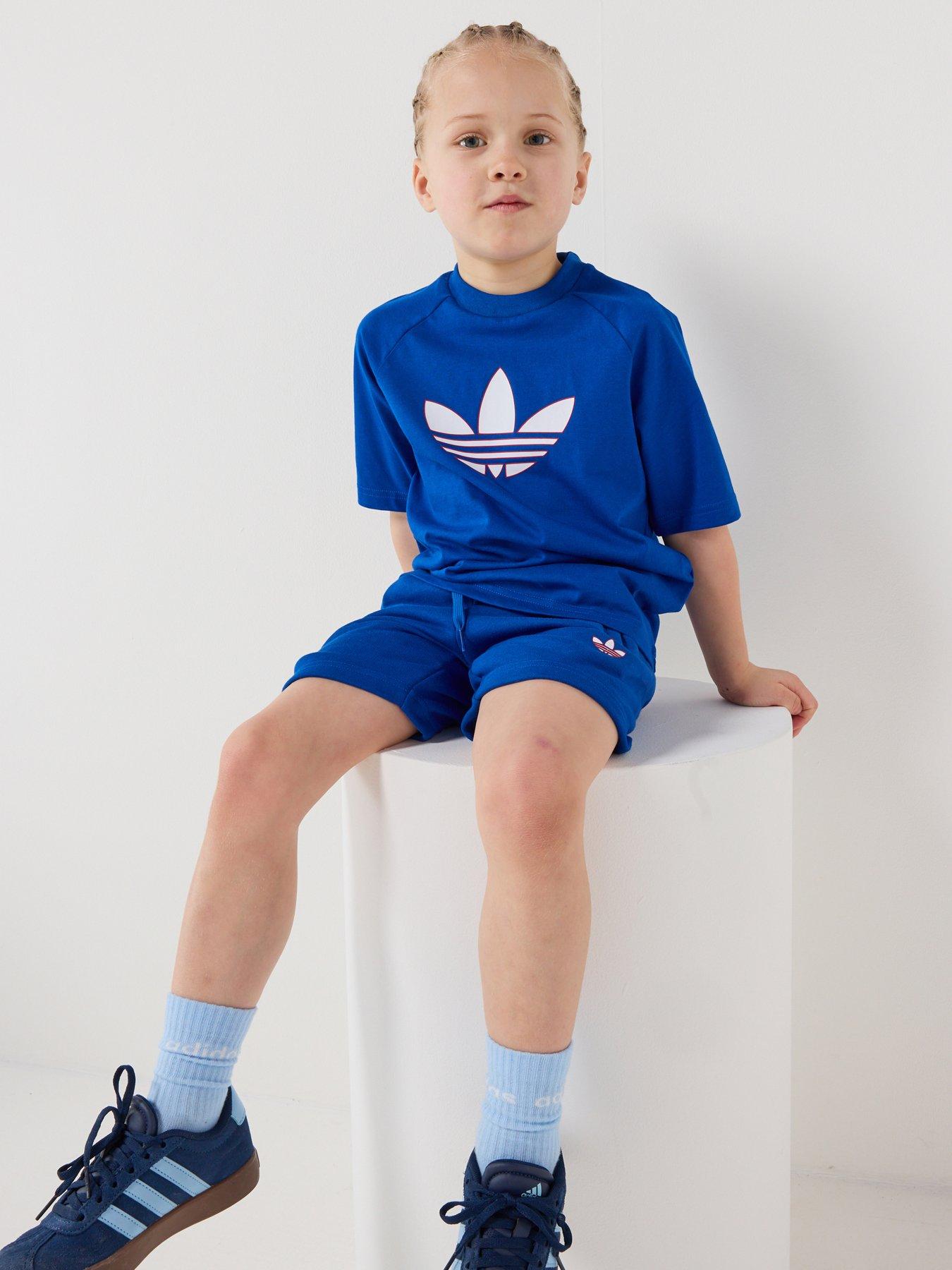 Image 1 of 6 of adidas Originals Kids Unisex Trefoil Loose Shorts and T-Shirt Set - Blue