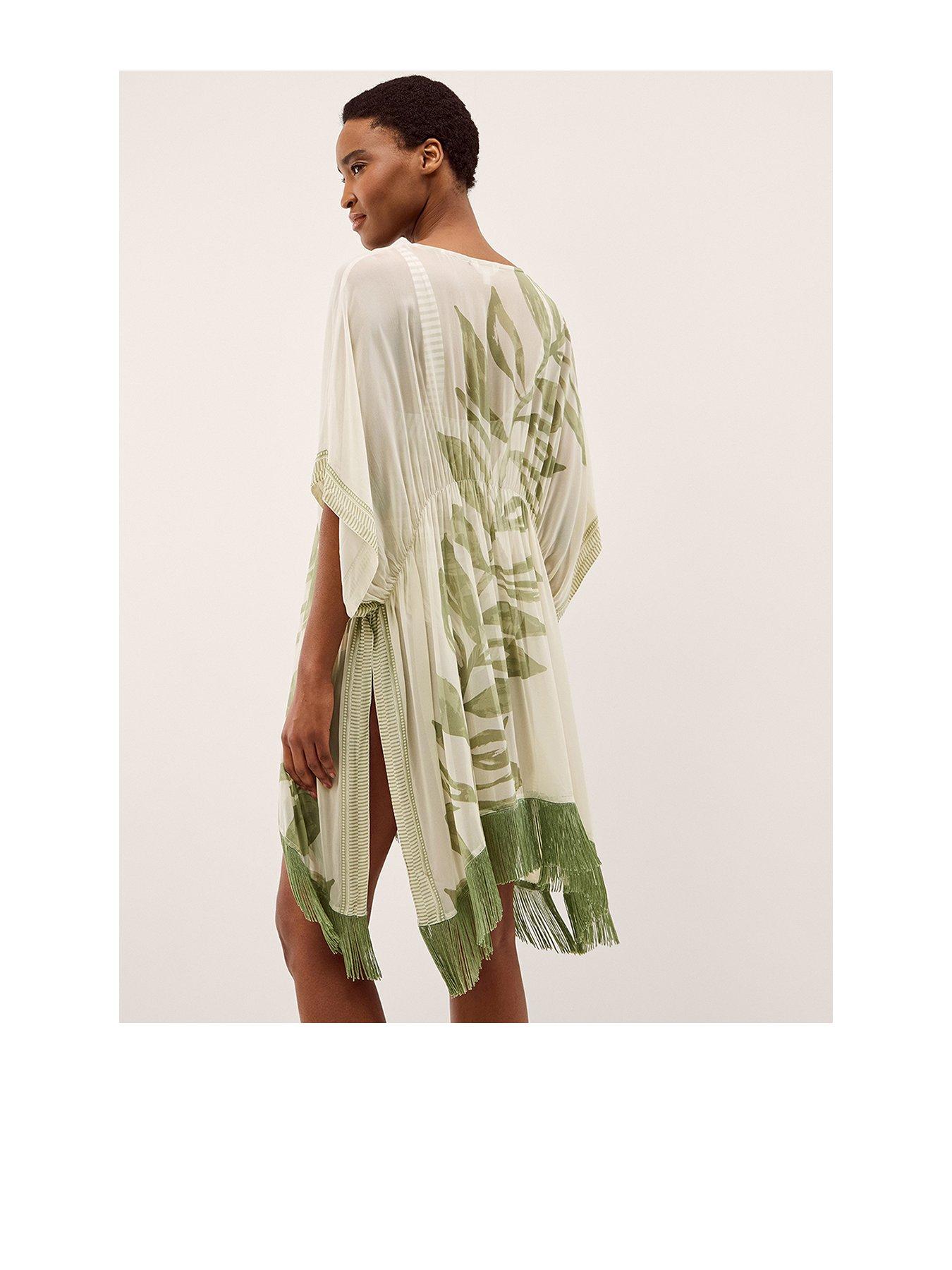 Image 1 of 4 of Monsoon Lillie Leaf Print Fringe Mini Kaftan - Cream