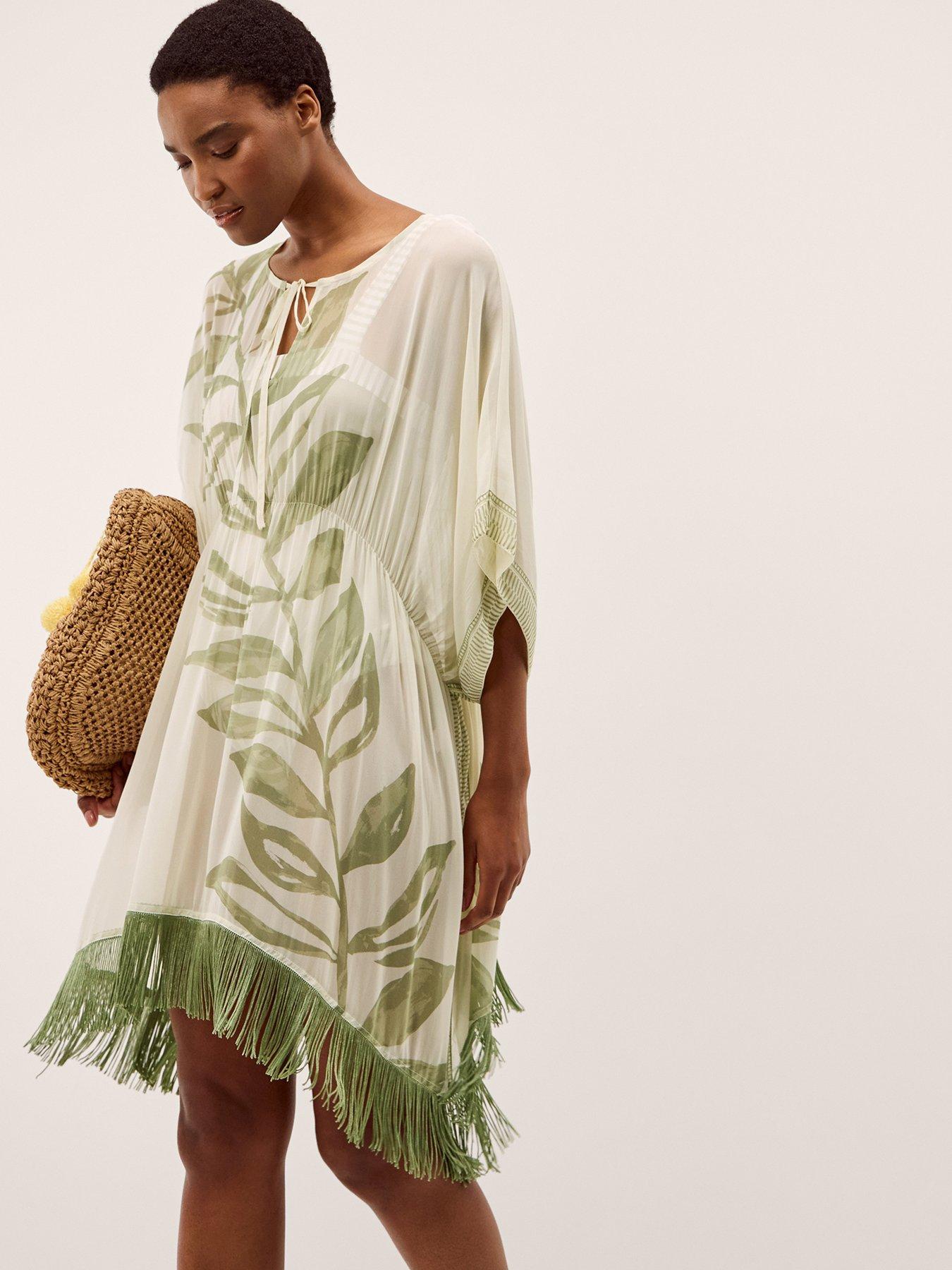 Image 2 of 4 of Monsoon Lillie Leaf Print Fringe Mini Kaftan - Cream