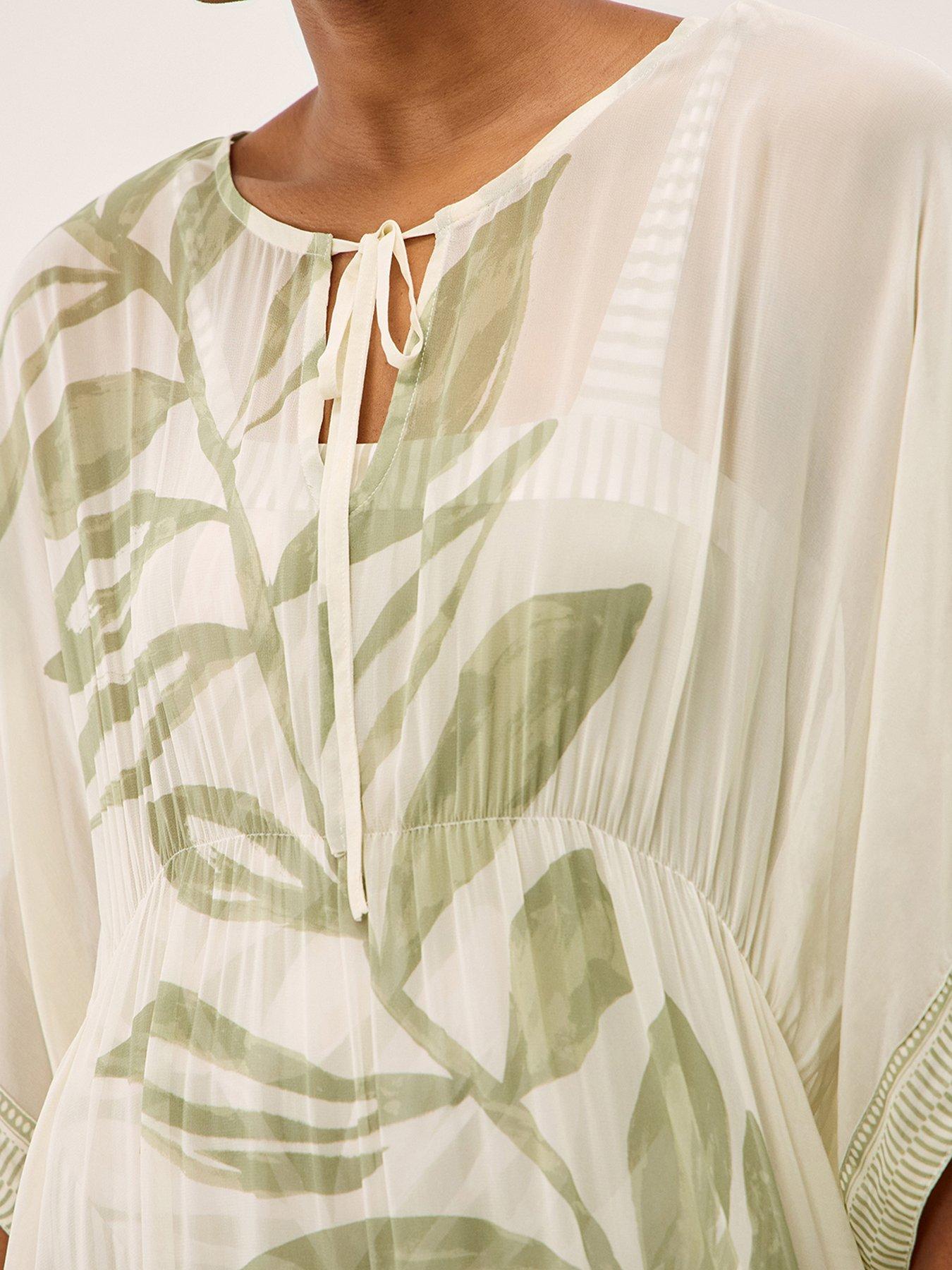 Image 4 of 4 of Monsoon Lillie Leaf Print Fringe Mini Kaftan - Cream
