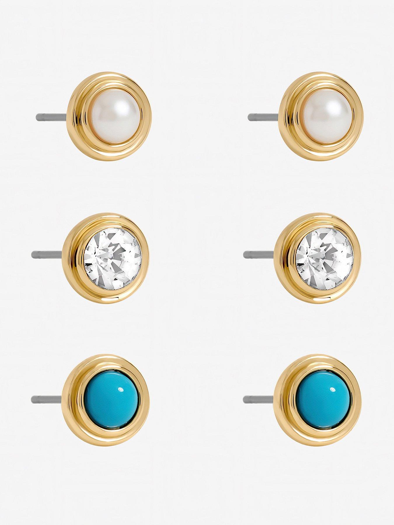 Mood Gold Plated Turquoise and Pearl Studs - Pack of 3