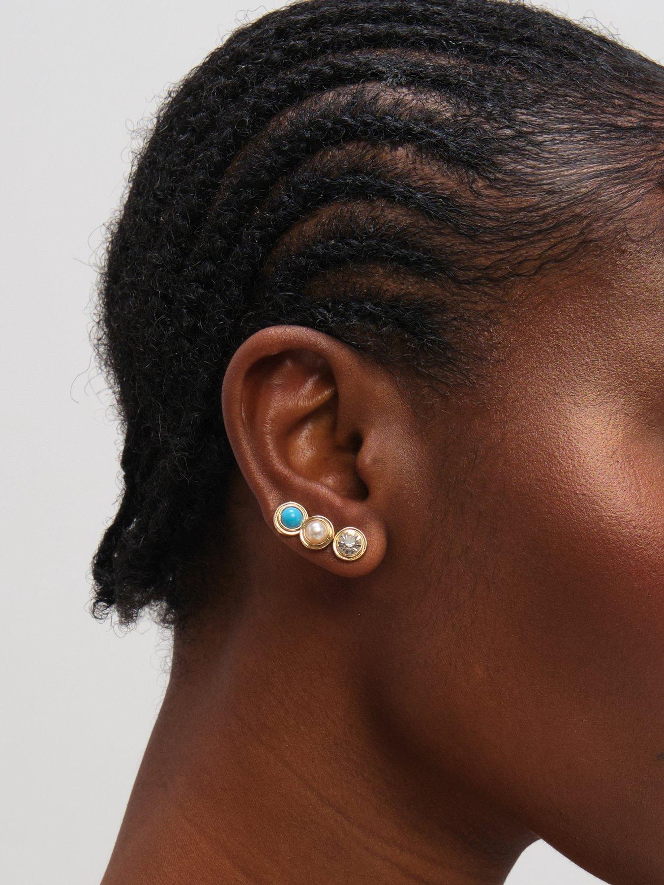 Image 2 of 3 of Mood Gold Plated Turquoise and Pearl Studs - Pack of 3