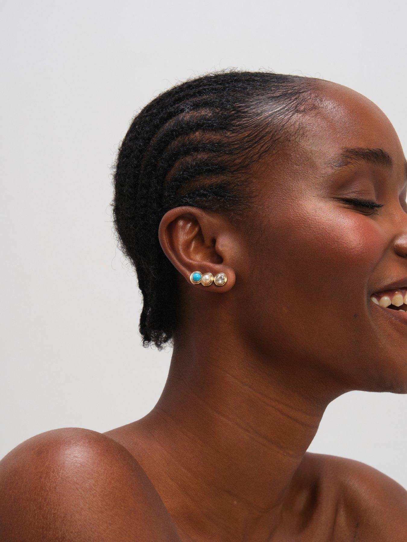Image 3 of 3 of Mood Gold Plated Turquoise and Pearl Studs - Pack of 3