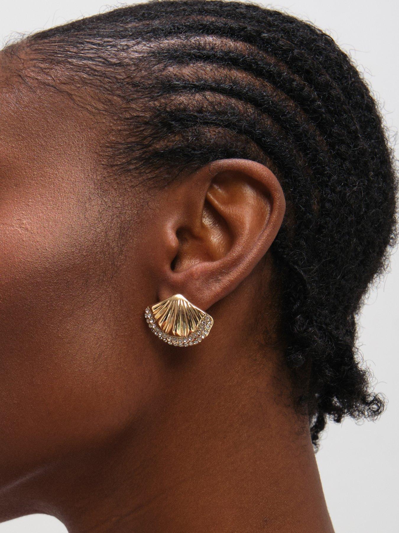 Image 2 of 3 of Mood Gold Plated and Pave Shell Stud Earrings