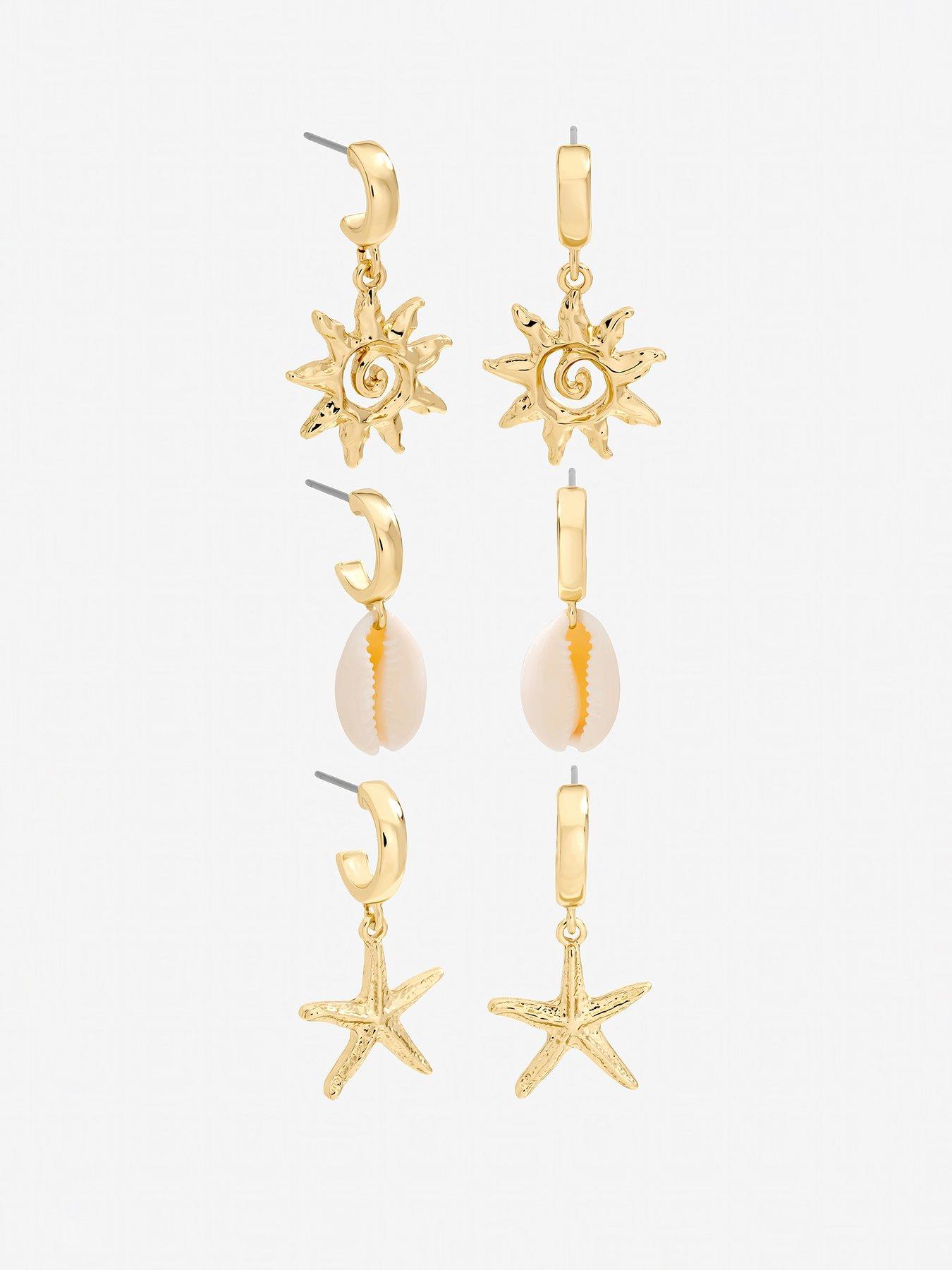 Mood Gold Plated Real Shell Charm Earrings - Pack of 3