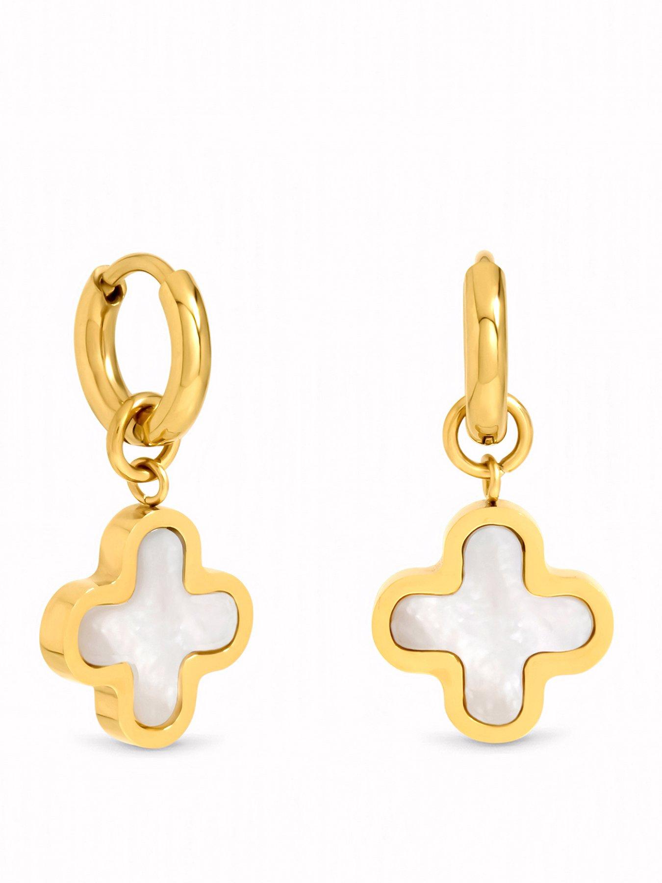 Image 1 of 3 of Jon Richard Gold Plated Waterproof Mother of Pearl Clover Huggie Earrings