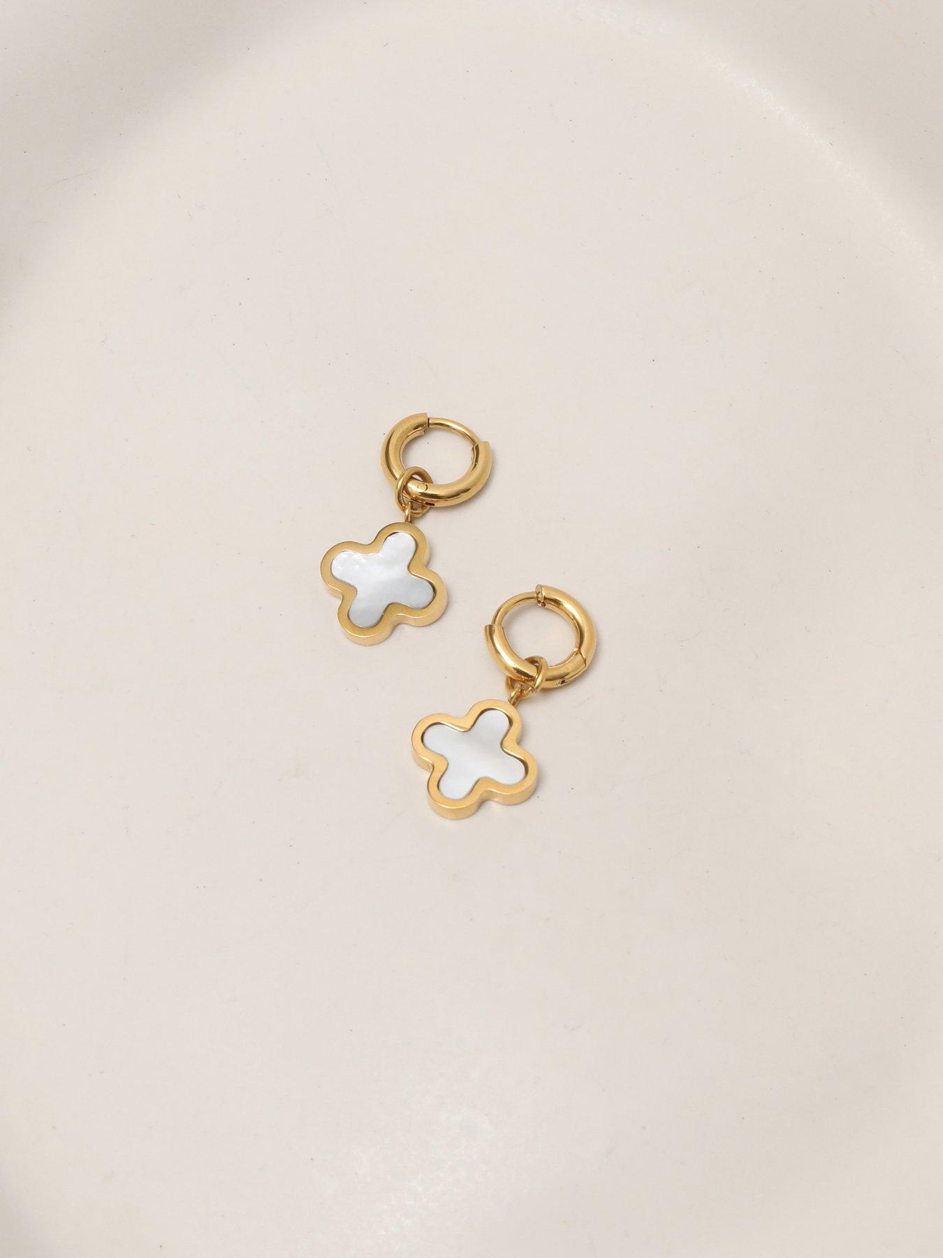 Image 2 of 3 of Jon Richard Gold Plated Waterproof Mother of Pearl Clover Huggie Earrings