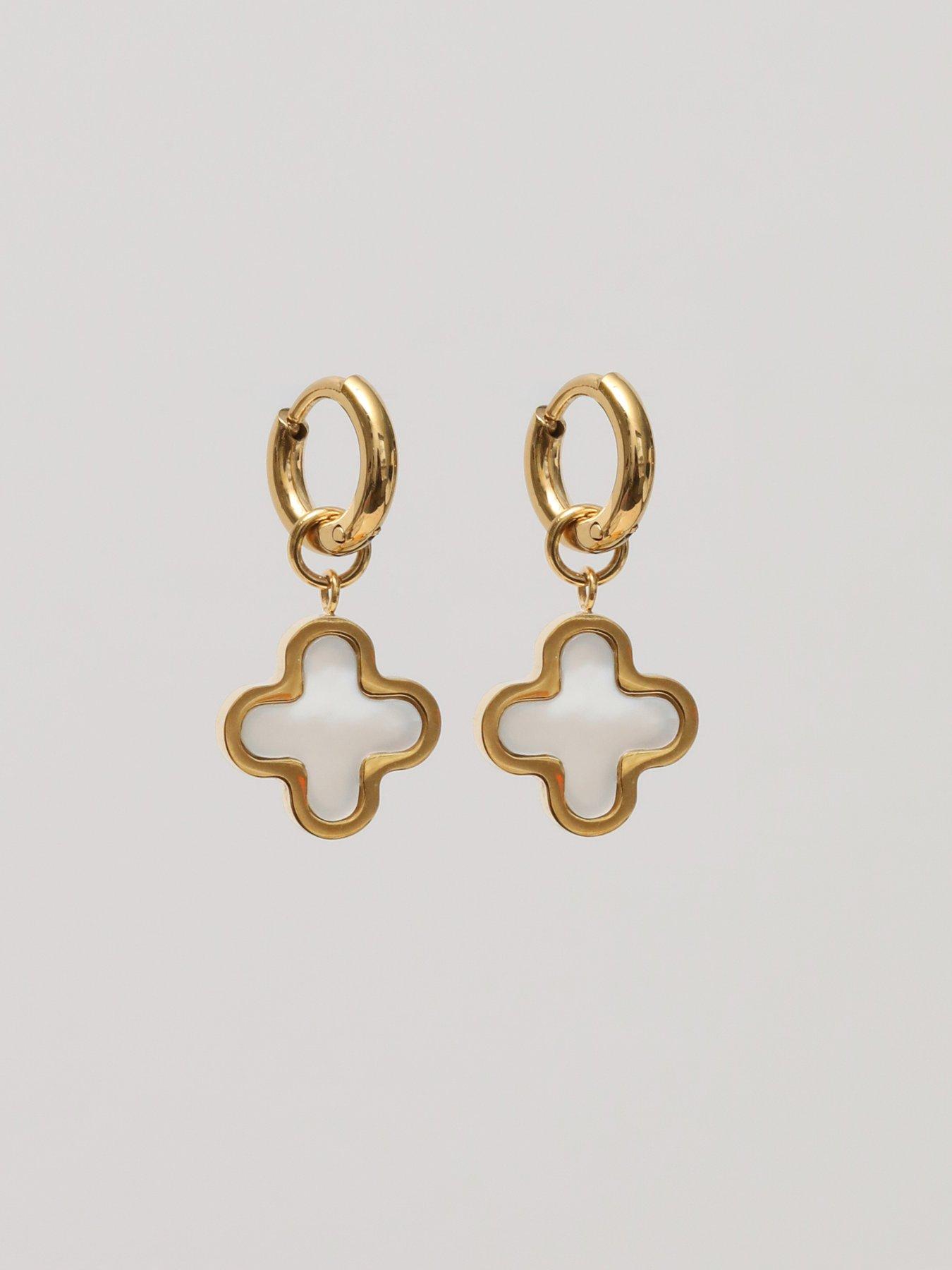 Image 3 of 3 of Jon Richard Gold Plated Waterproof Mother of Pearl Clover Huggie Earrings