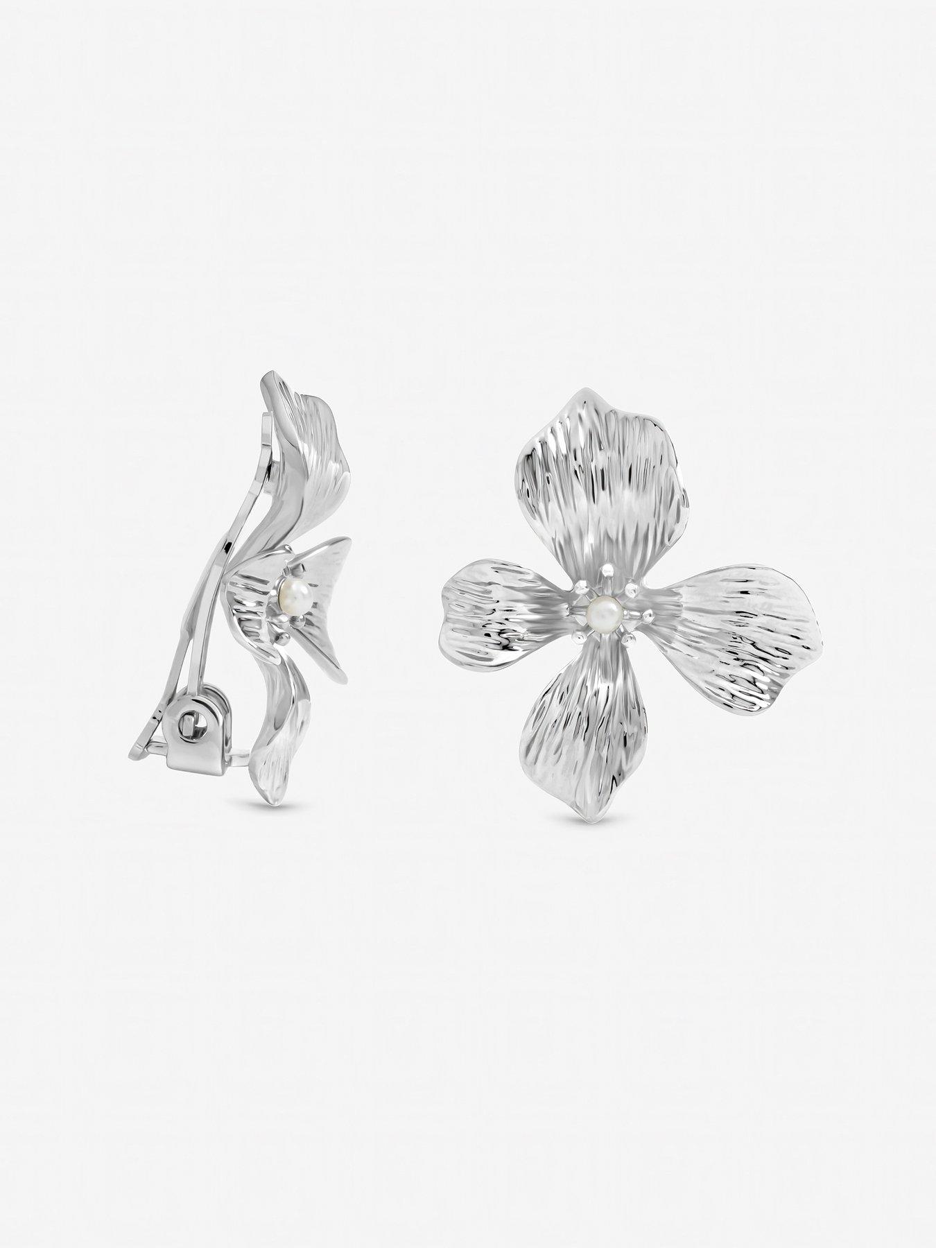  image of jon-richard-silver-plated-and-pearl-statement-flower-clip-earrings