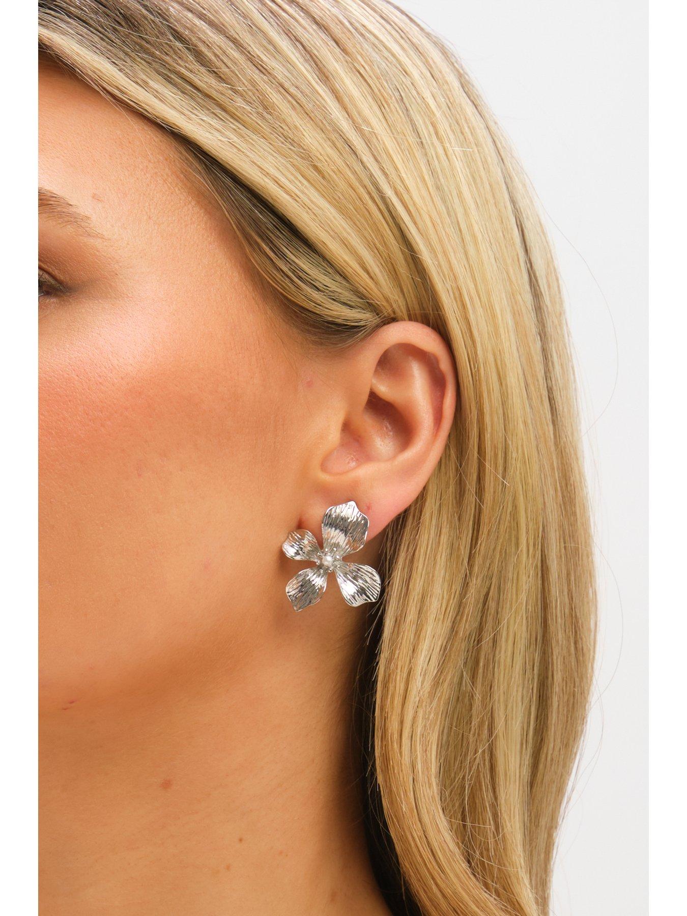  image of jon-richard-silver-plated-and-pearl-statement-flower-clip-earrings