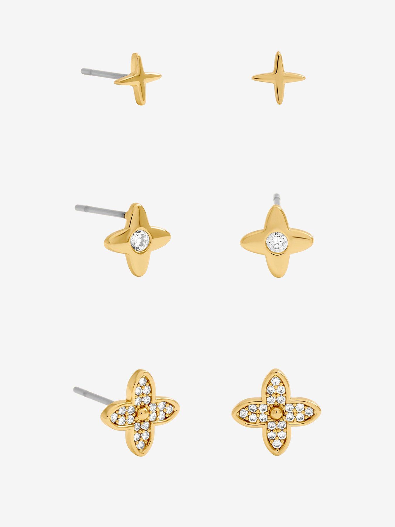 Inicio Gold Plated Polished and Crystal Clover Earrings - Pack of 3 - Gift Pouch